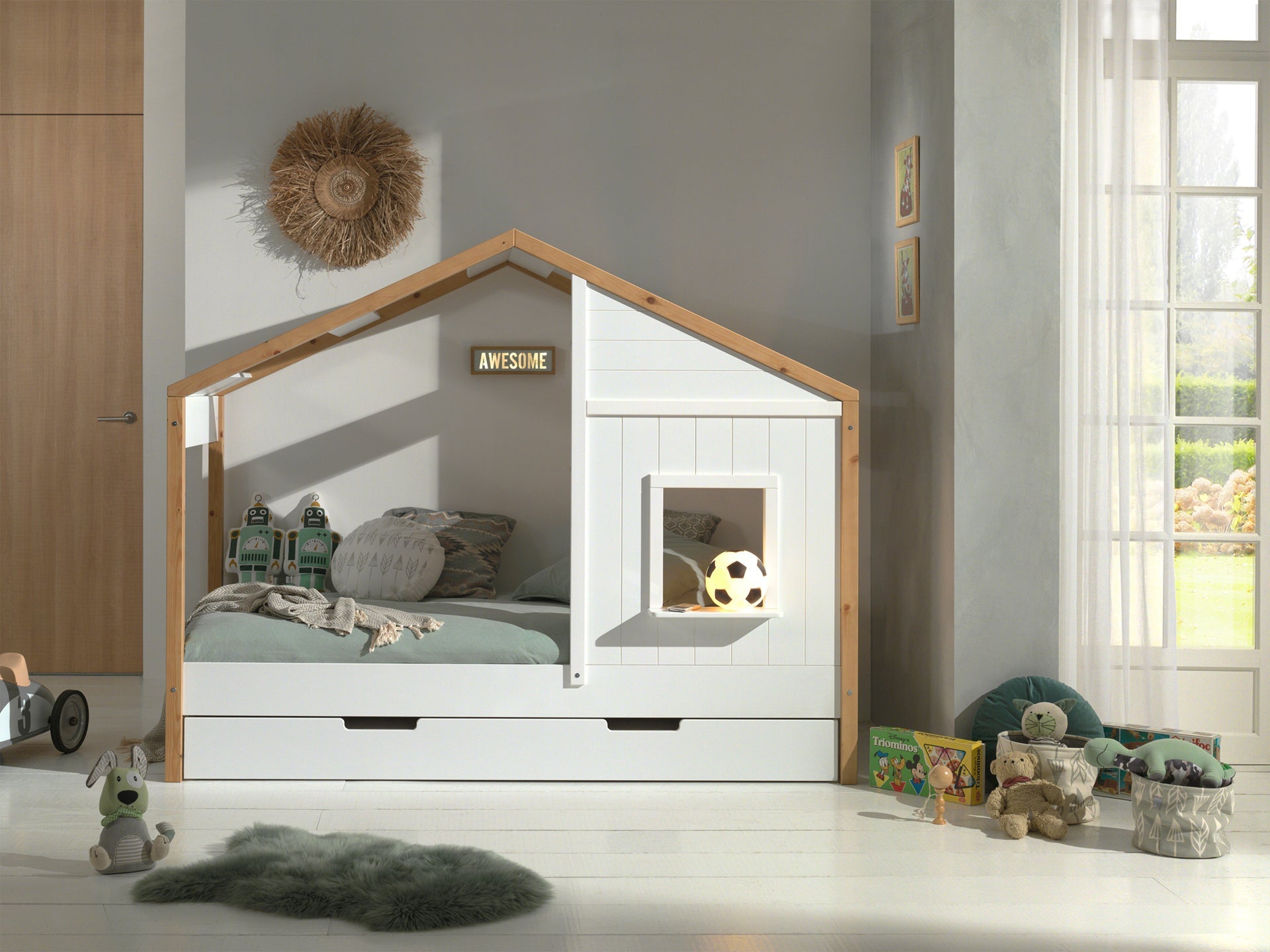 Vipack Babs Kids Cabana House Bed With Trundle - White & Natural