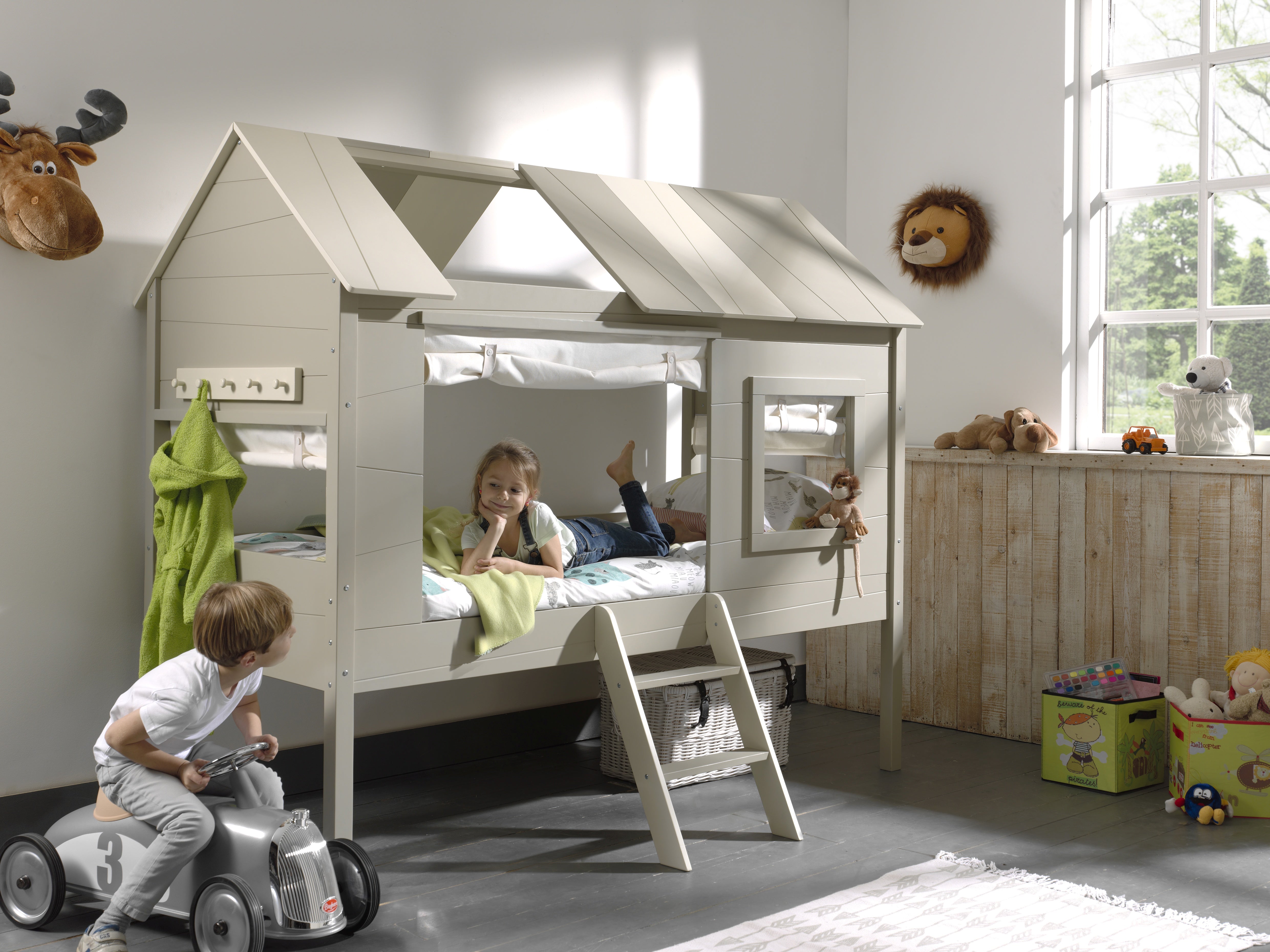Vipack Charlotte Kids Treehouse Bed With Slatted Frame - Grey & Beige