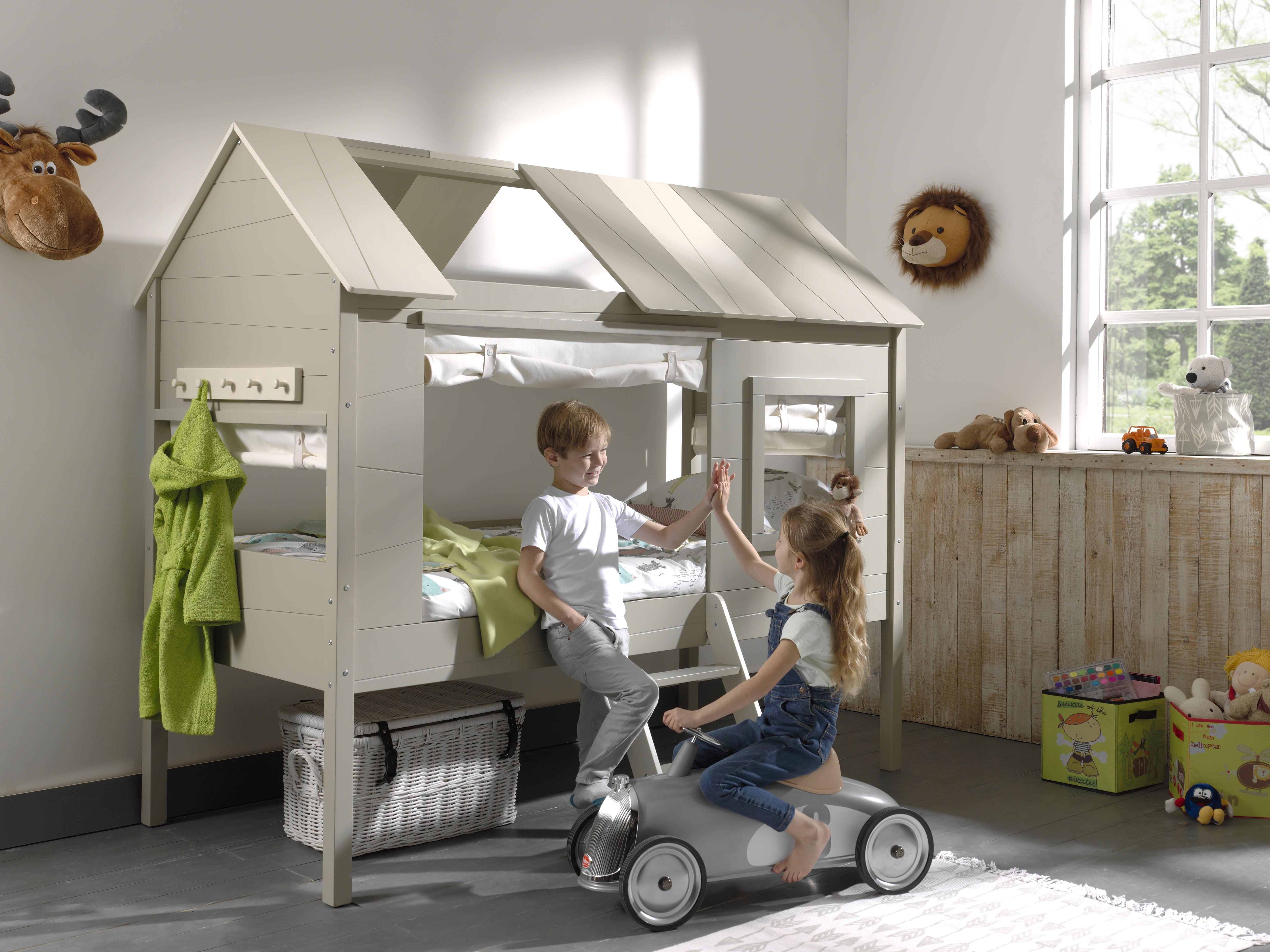 Vipack Charlotte Kids Treehouse Bed With Slatted Frame - Grey & Beige