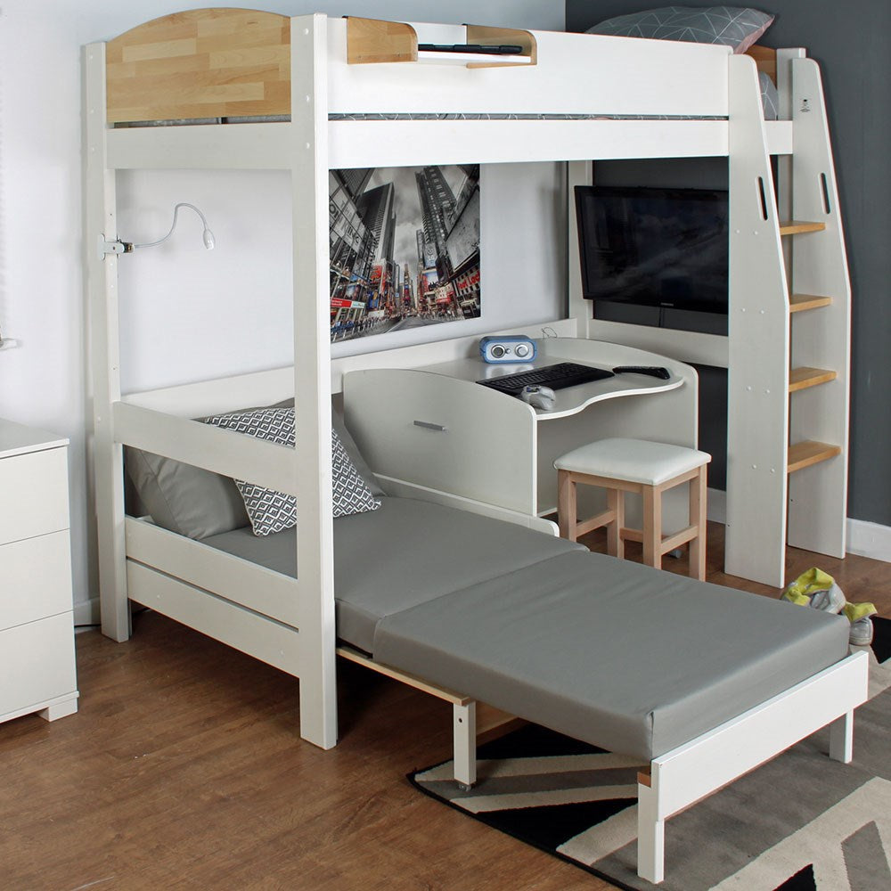 Urban Birch High Sleeper 1 Bed with Sofa Bed & Desk On Casters