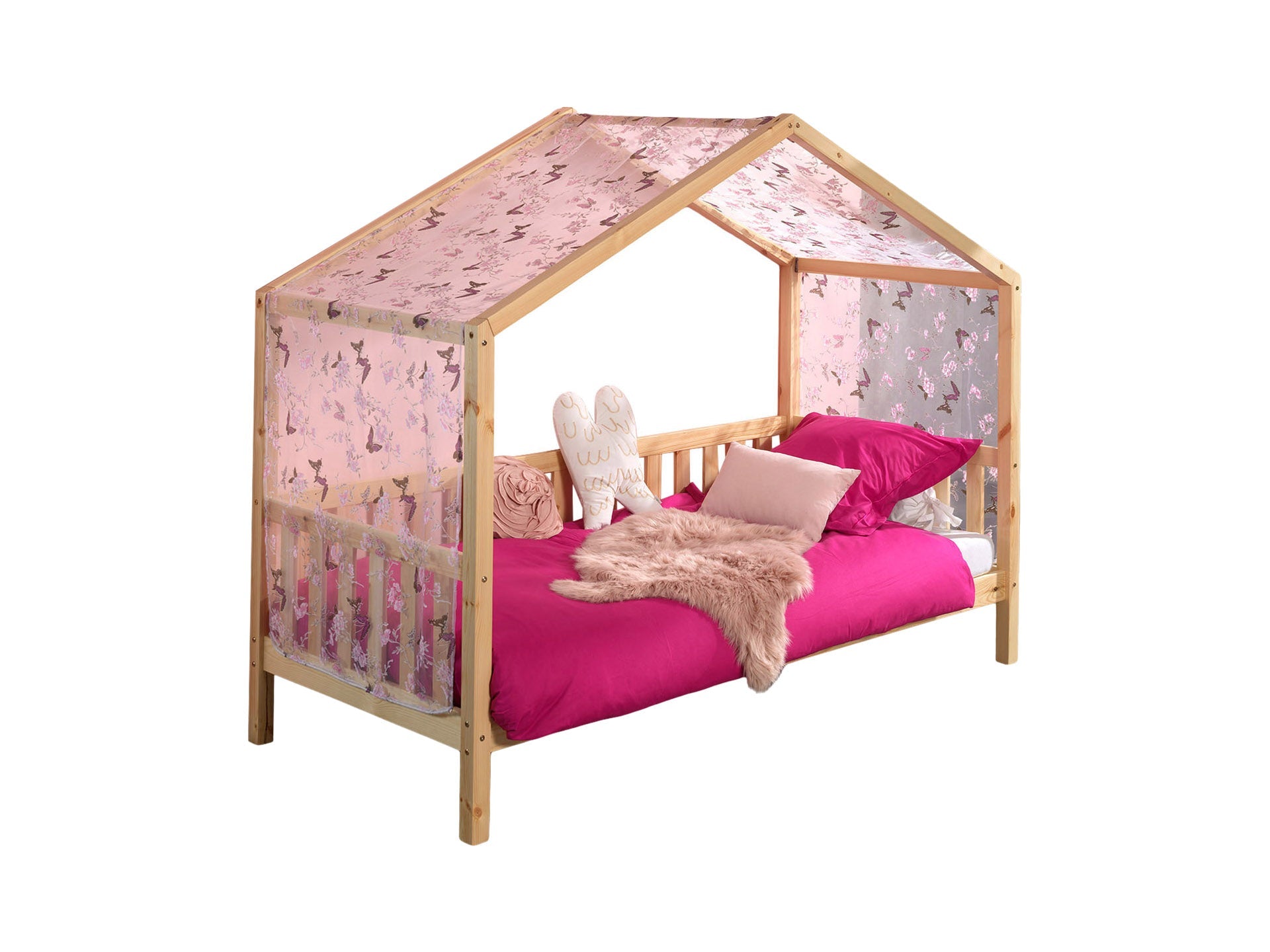 Vipack Dallas Kids House Slatted Day Bed With Fabric Canopy - Natural Wood