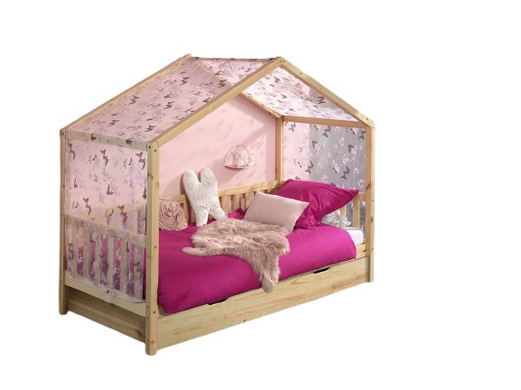 Vipack Dallas Kids House Slatted Day Bed With Trundle & Fabric Canopy - Natural Wood