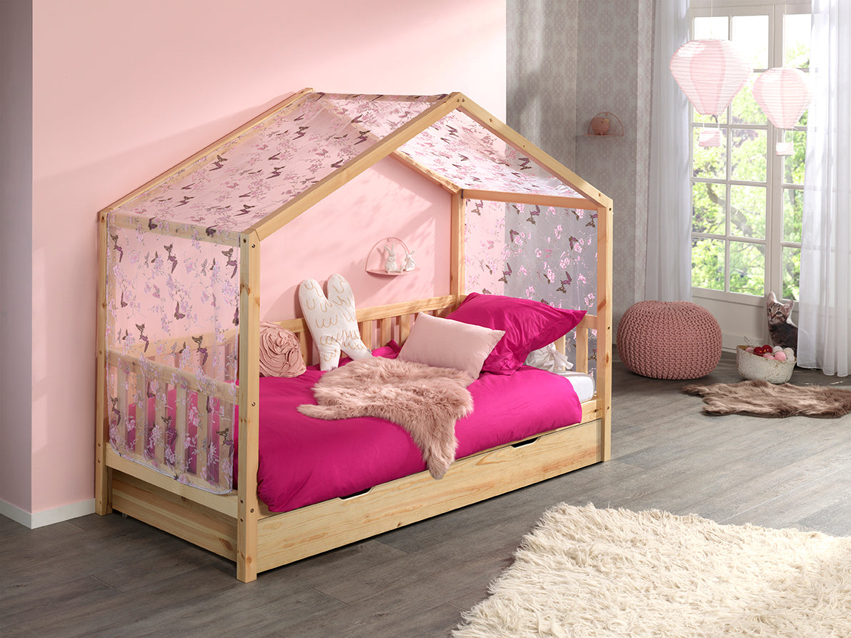 Vipack Dallas Kids House Slatted Day Bed With Trundle & Fabric Canopy - Natural Wood