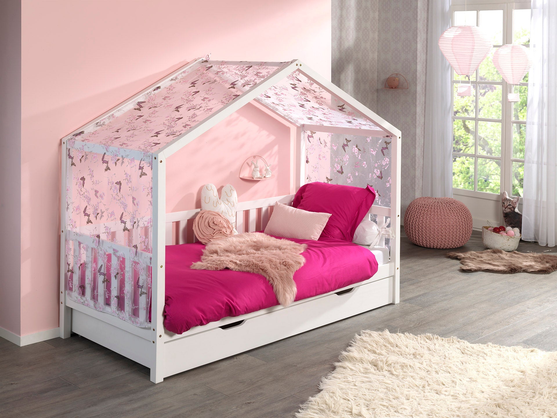 Vipack Dallas Kids House Slatted Day Bed With Trundle & Fabric Canopy - White