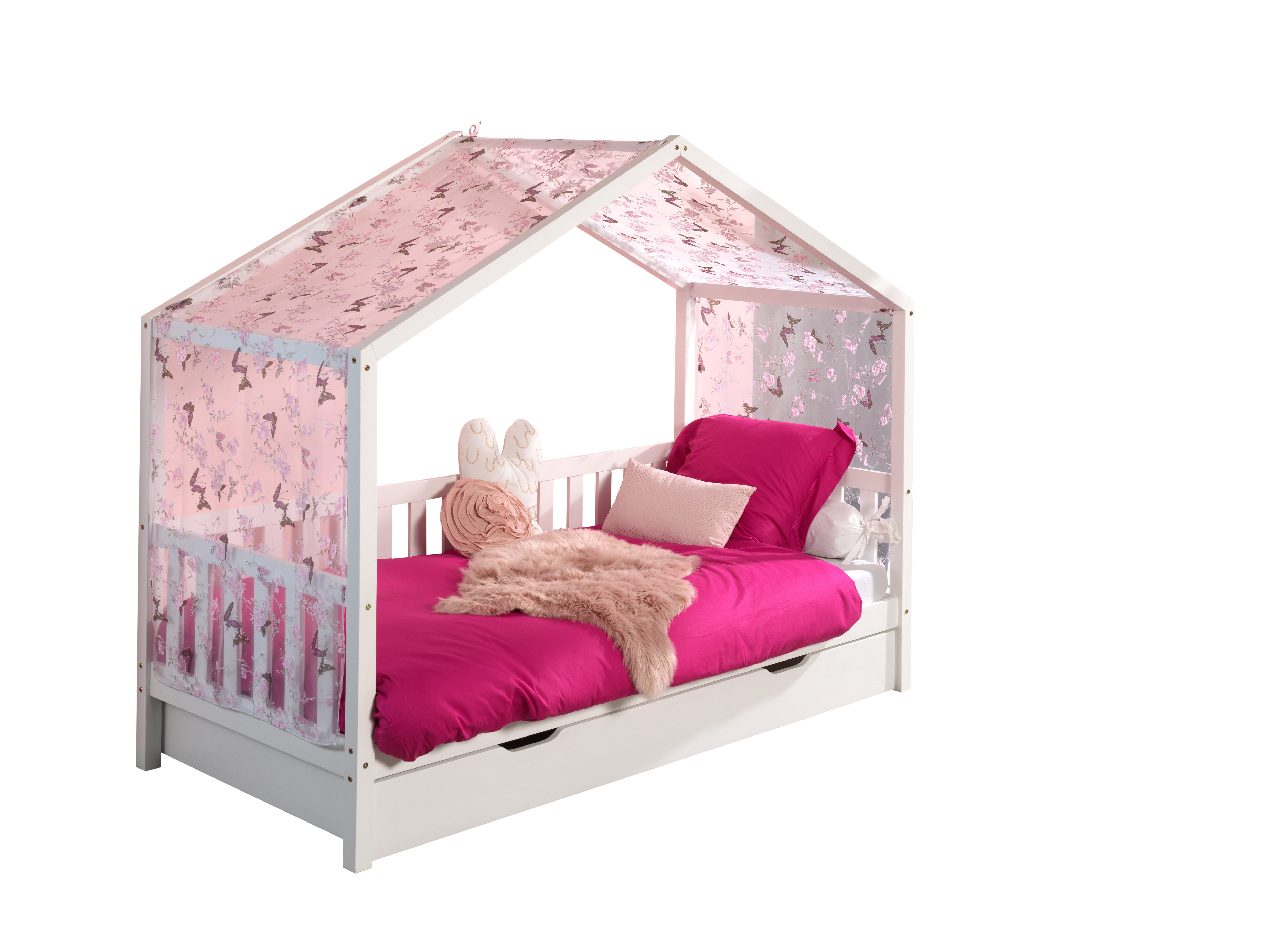 Vipack Dallas Kids House Slatted Day Bed With Trundle & Fabric Canopy - White