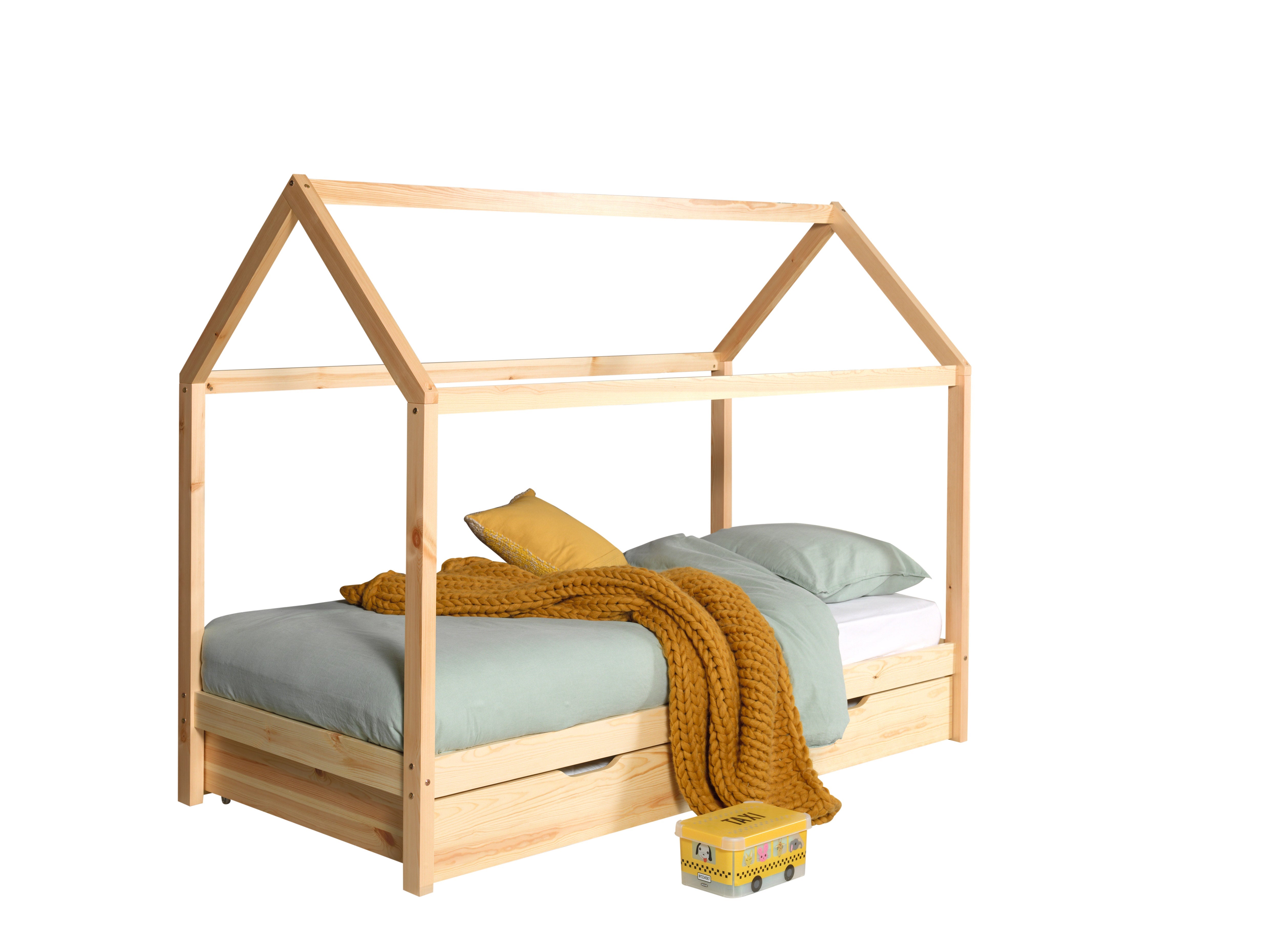 Vipack Dallas Kids House Slatted Day Bed With Trundle - Natural Wood