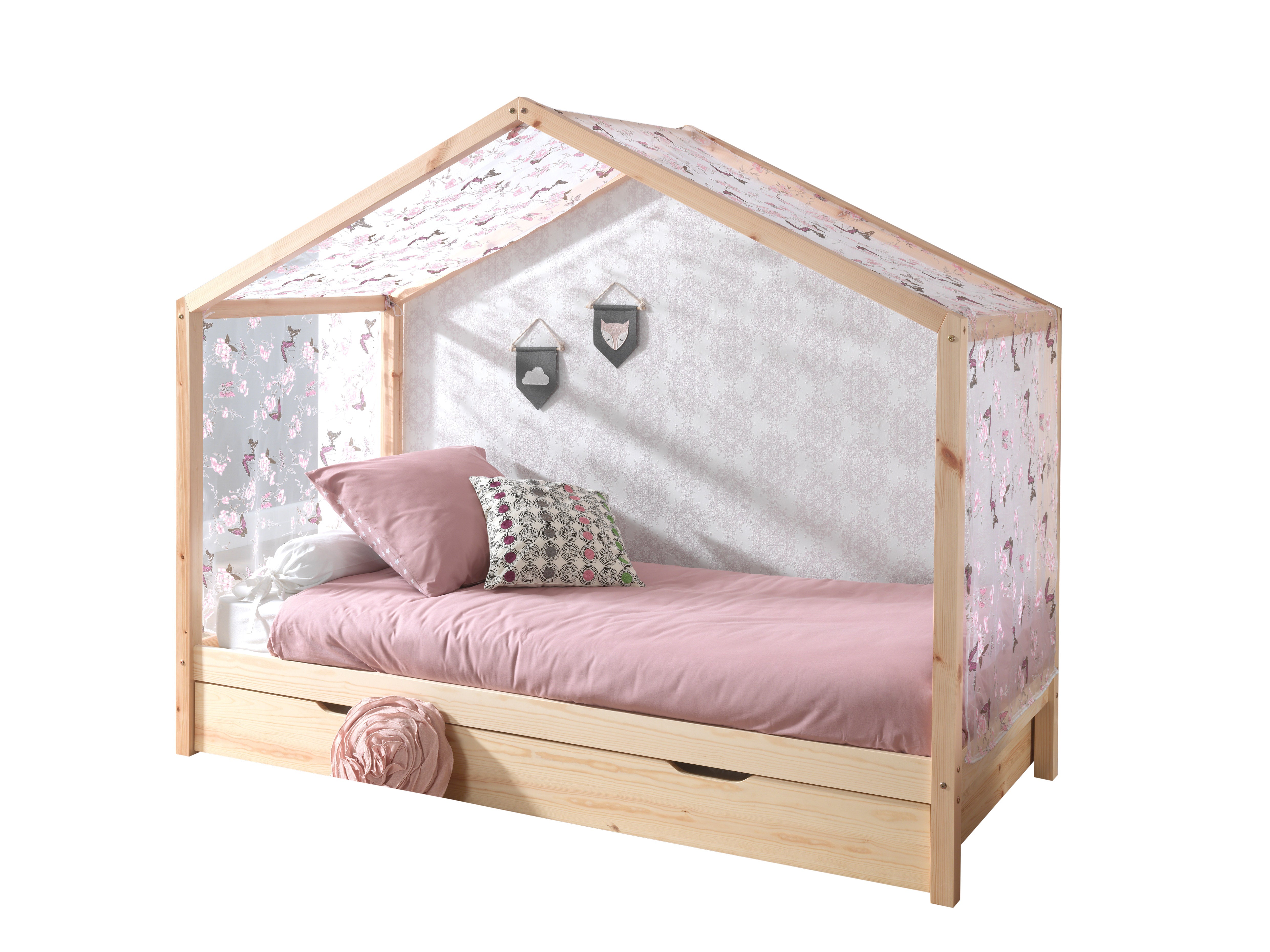 Vipack Dallas Kids House Bed With Fabric Canopy & Trundle - Natural