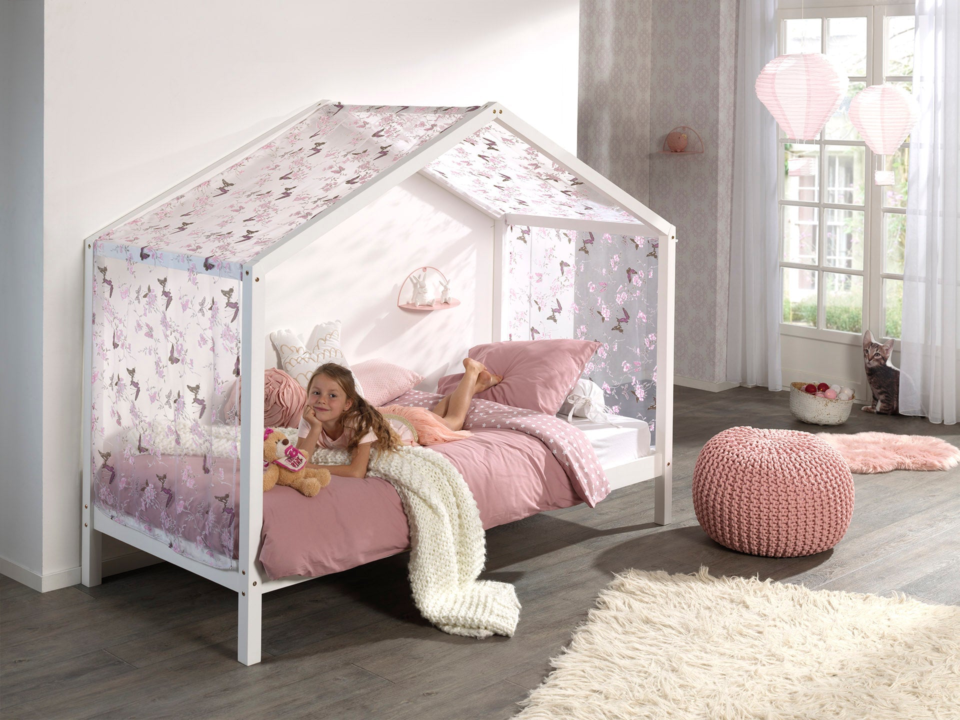 Vipack Dallas Kids House Bed With Fabric Canopy - White