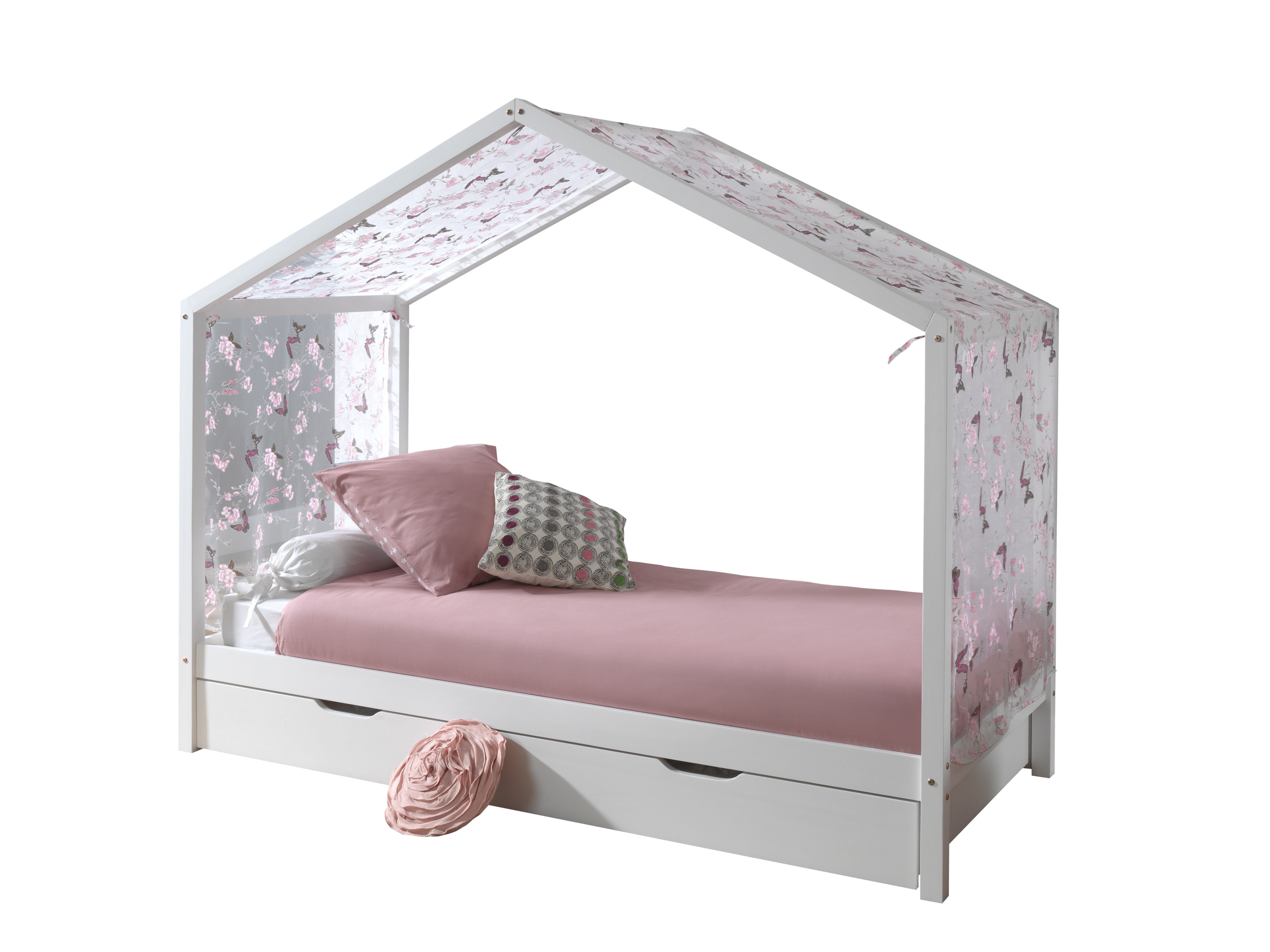 Vipack Dallas Kids House Bed With Fabric Canopy & Trundle - White