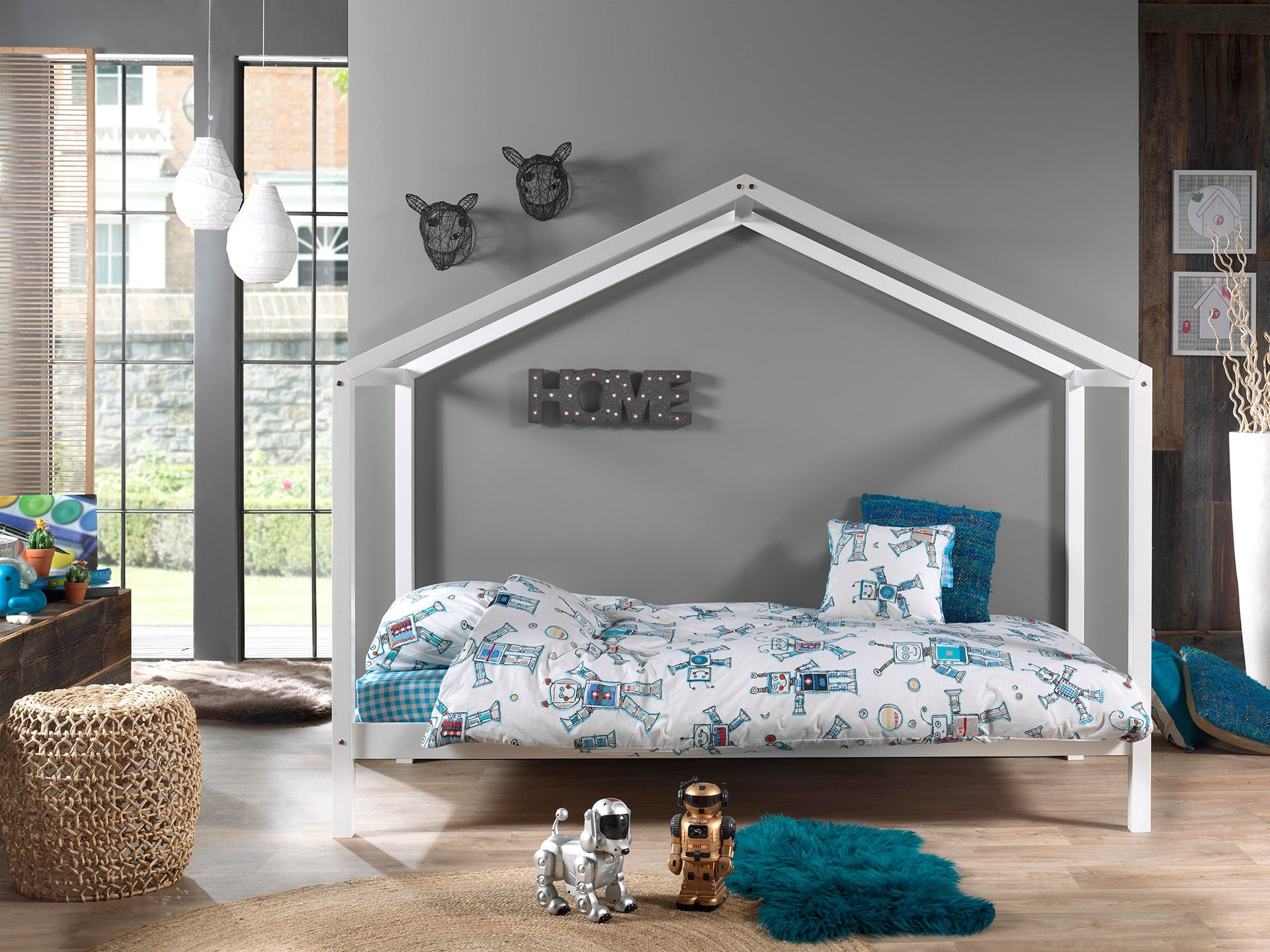 Vipack Dallas Kids House Bed With Fabric Canopy & Trundle - White