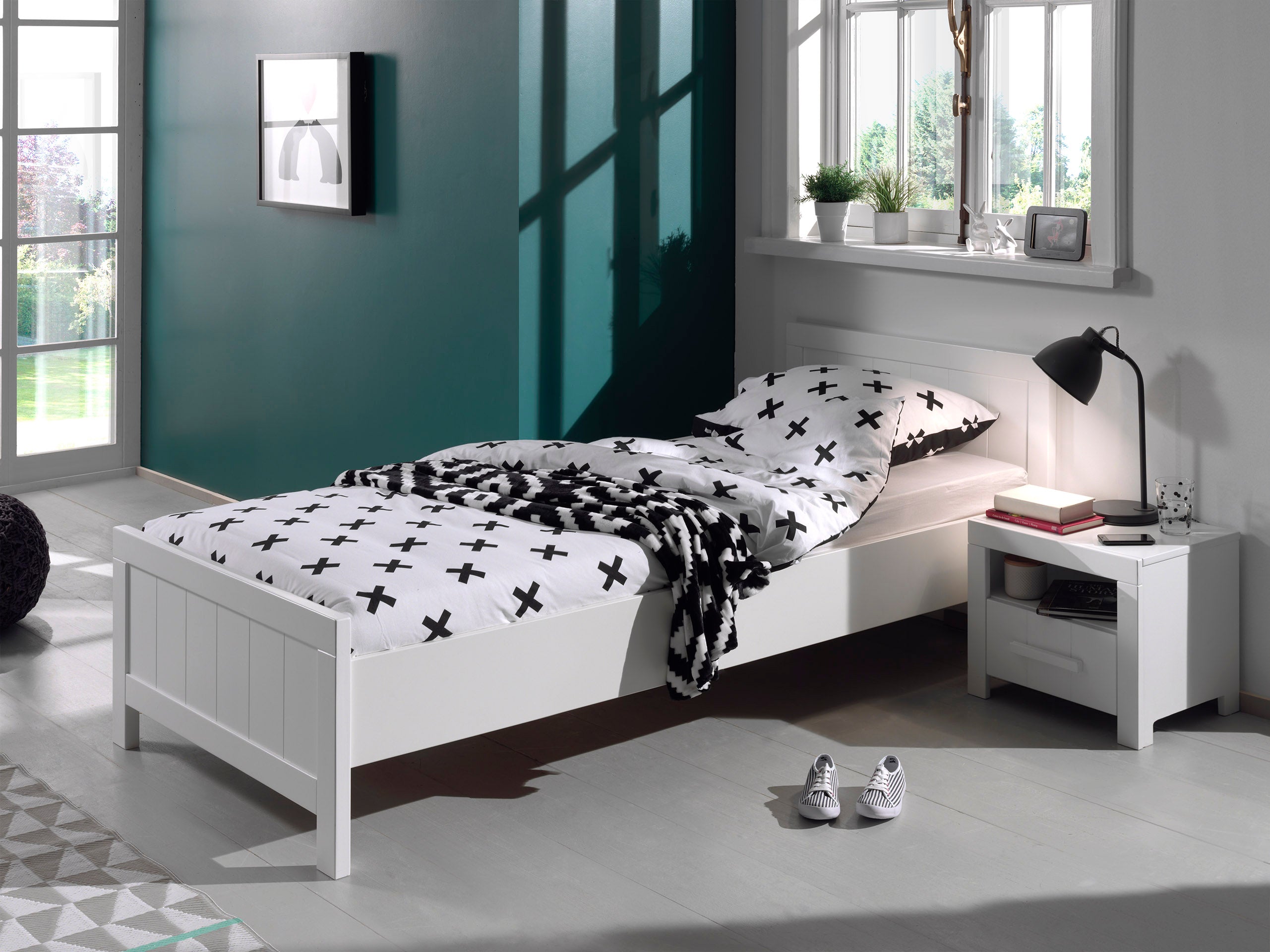 Vipack Erik Kids Single Bed With Bedside Drawer, 3 Door Wardrobe, Desk & Bookcase - White