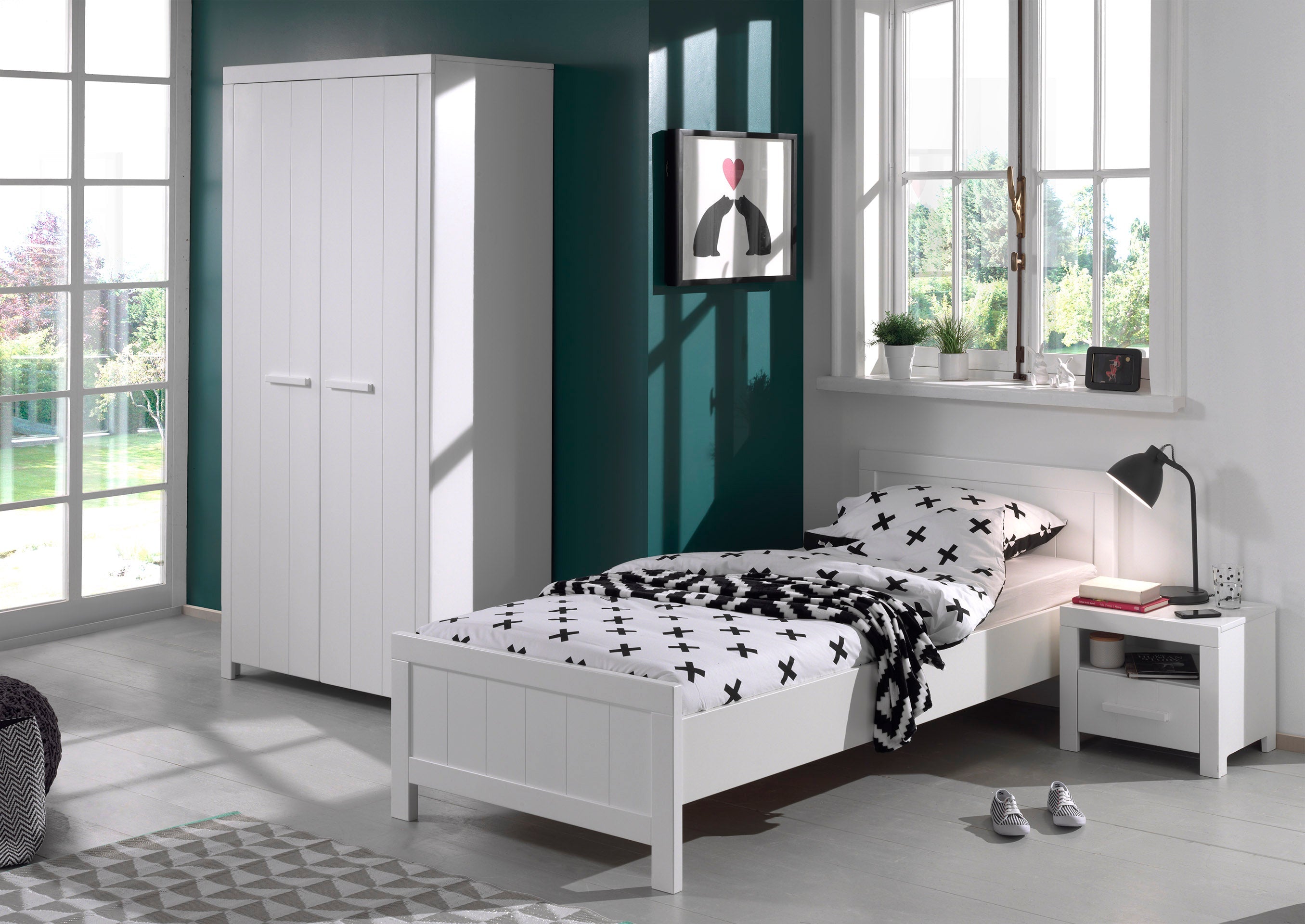 Vipack Erik Kids Single Bed With Slats, Bedside Drawer & 2 Door Wardrobe - White