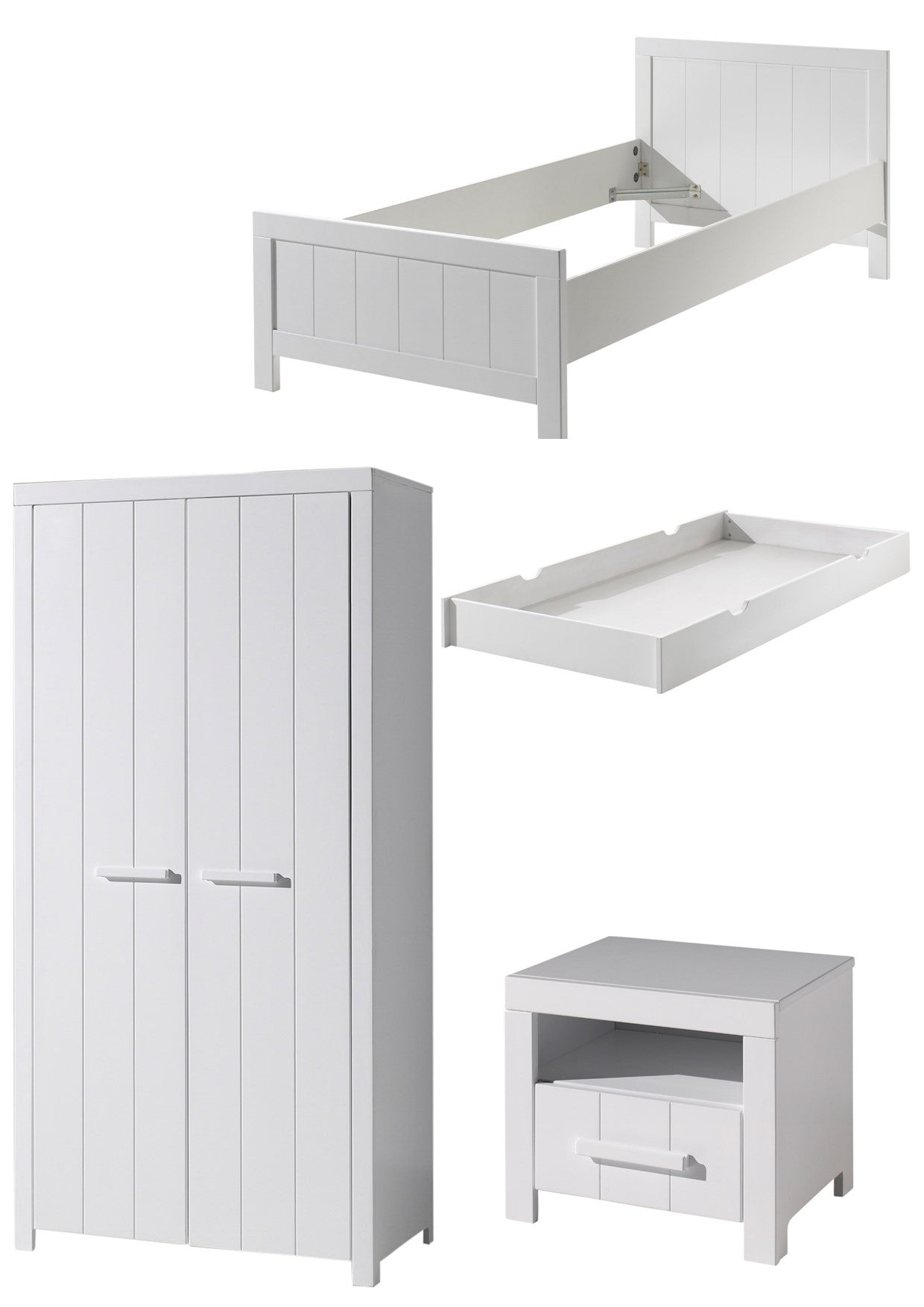 Vipack Erik Kids Single Bed With Trundle, Bedside Drawer & 2 Door Wardrobe - White