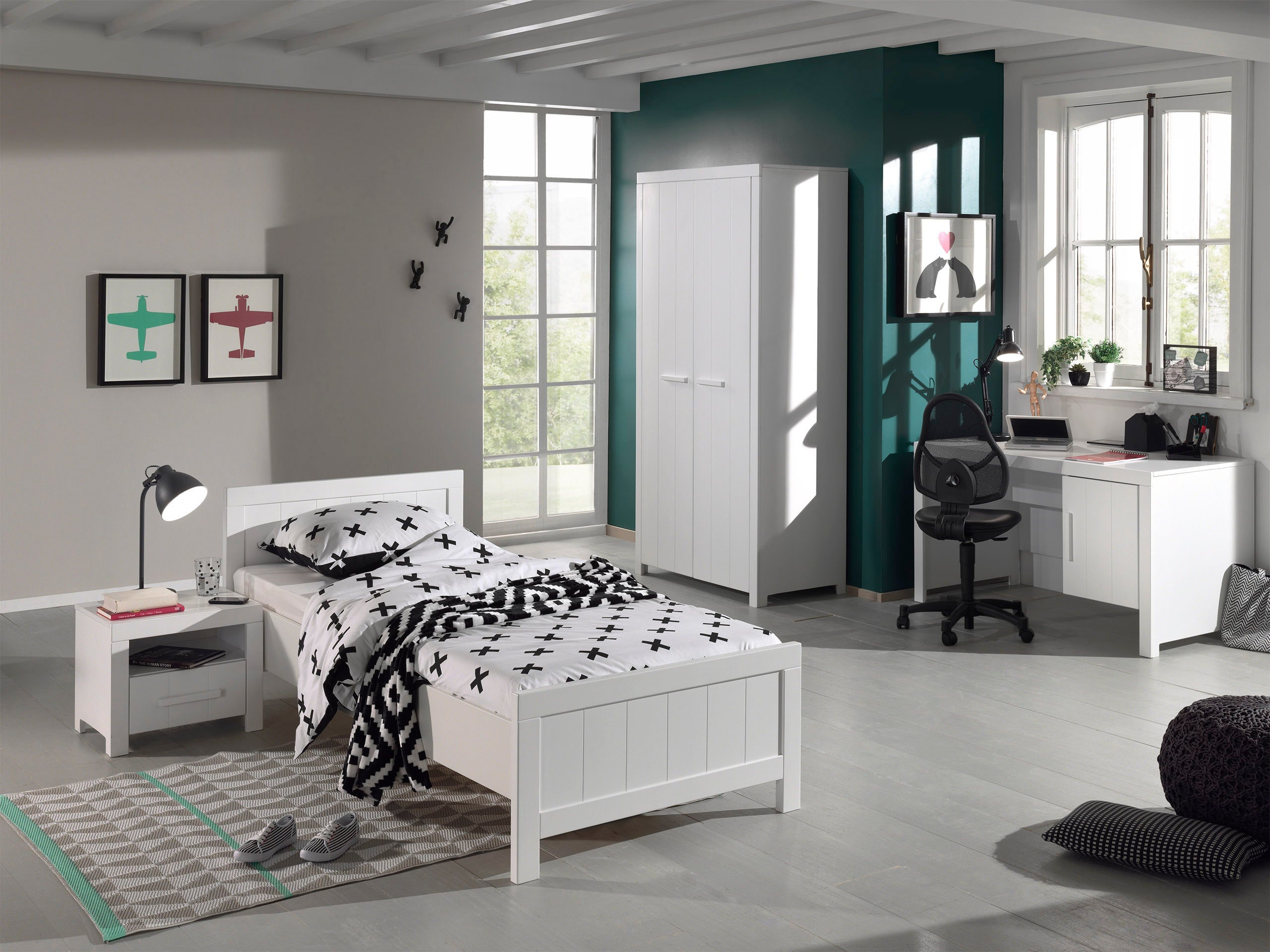 Vipack Erik Kids Single Bed With Slats, Bedside Drawer, 2 Door Wardrobe & Desk - White