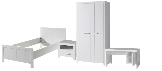 Vipack Erik Kids Single Bed With Bedside Drawer, 2 Door Wardrobe & Desk - White
