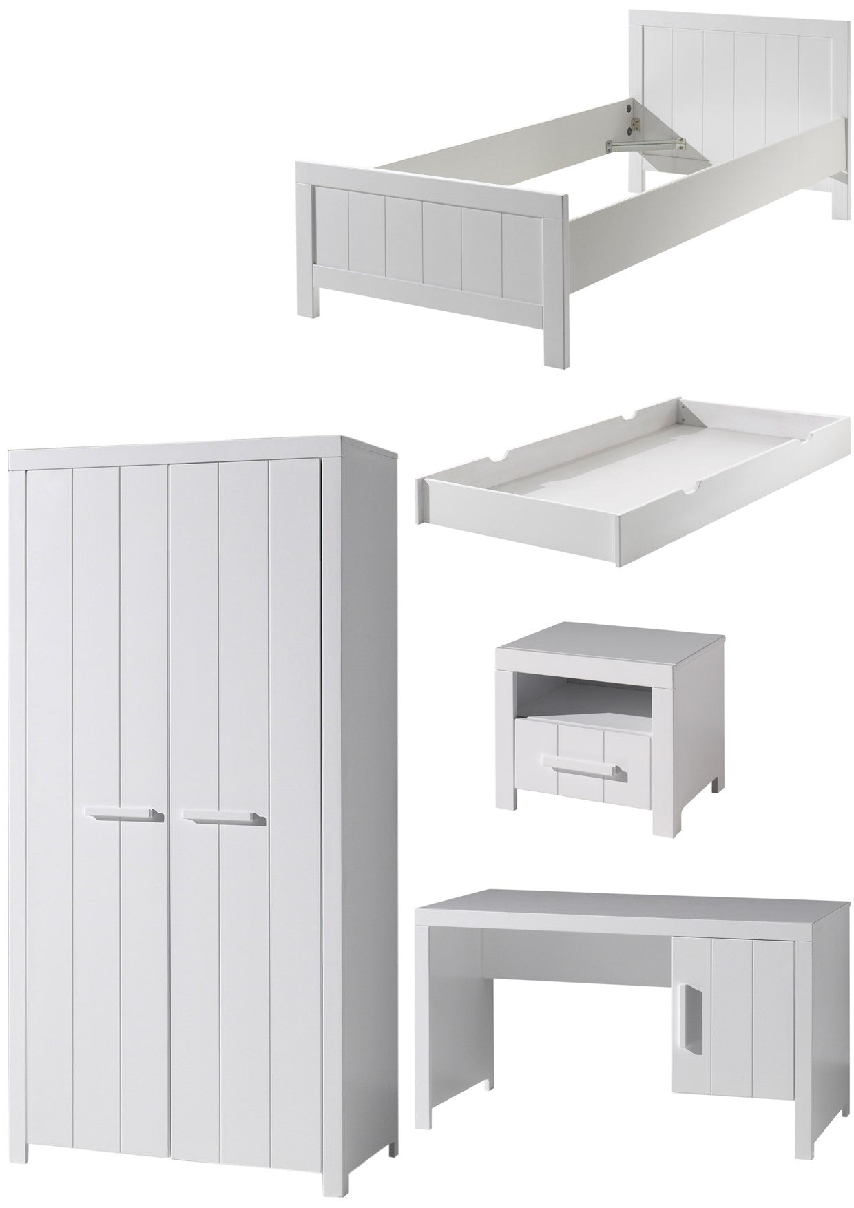 Vipack Erik Kids Single Bed With Trundle, Bedside Drawer, 2 Door Wardrobe & Desk - White