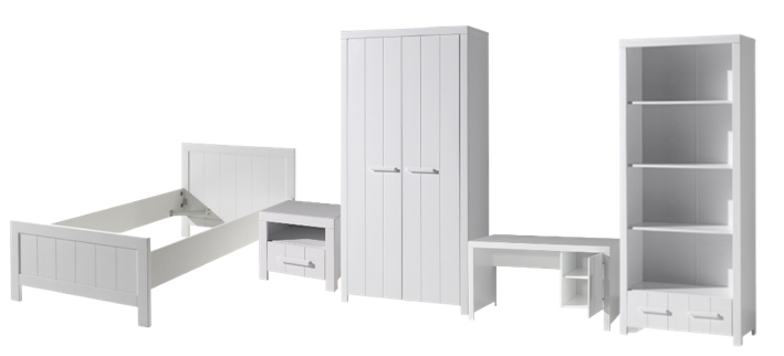 Vipack Erik Kids Single Bed With Bedside Drawer, 2 Door Wardrobe, Desk & Bookcase- White