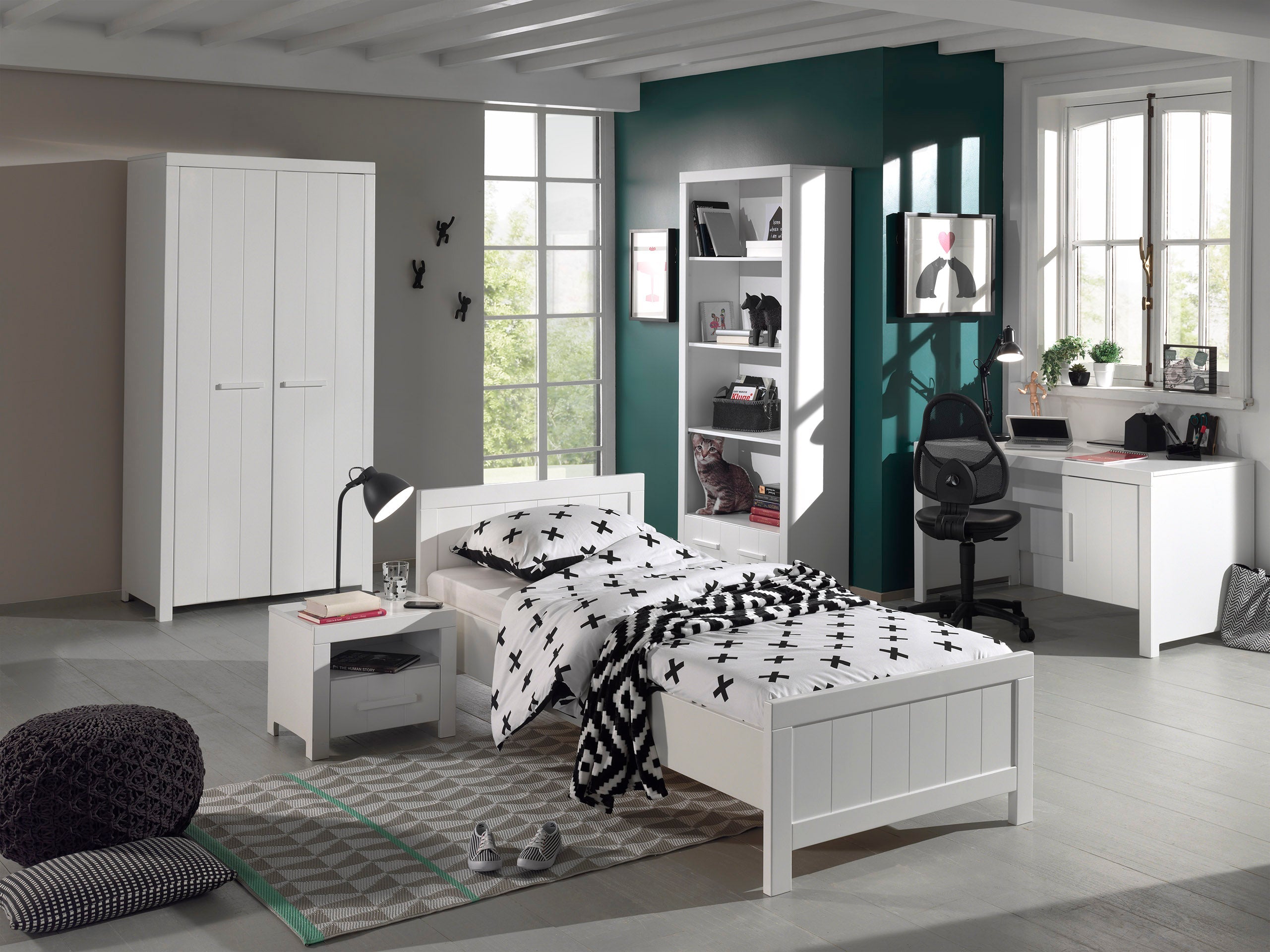 Vipack Erik Kids Single Bed With Slats, Bedside Drawer, 2 Door Wardrobe, Desk & Bookcase- White