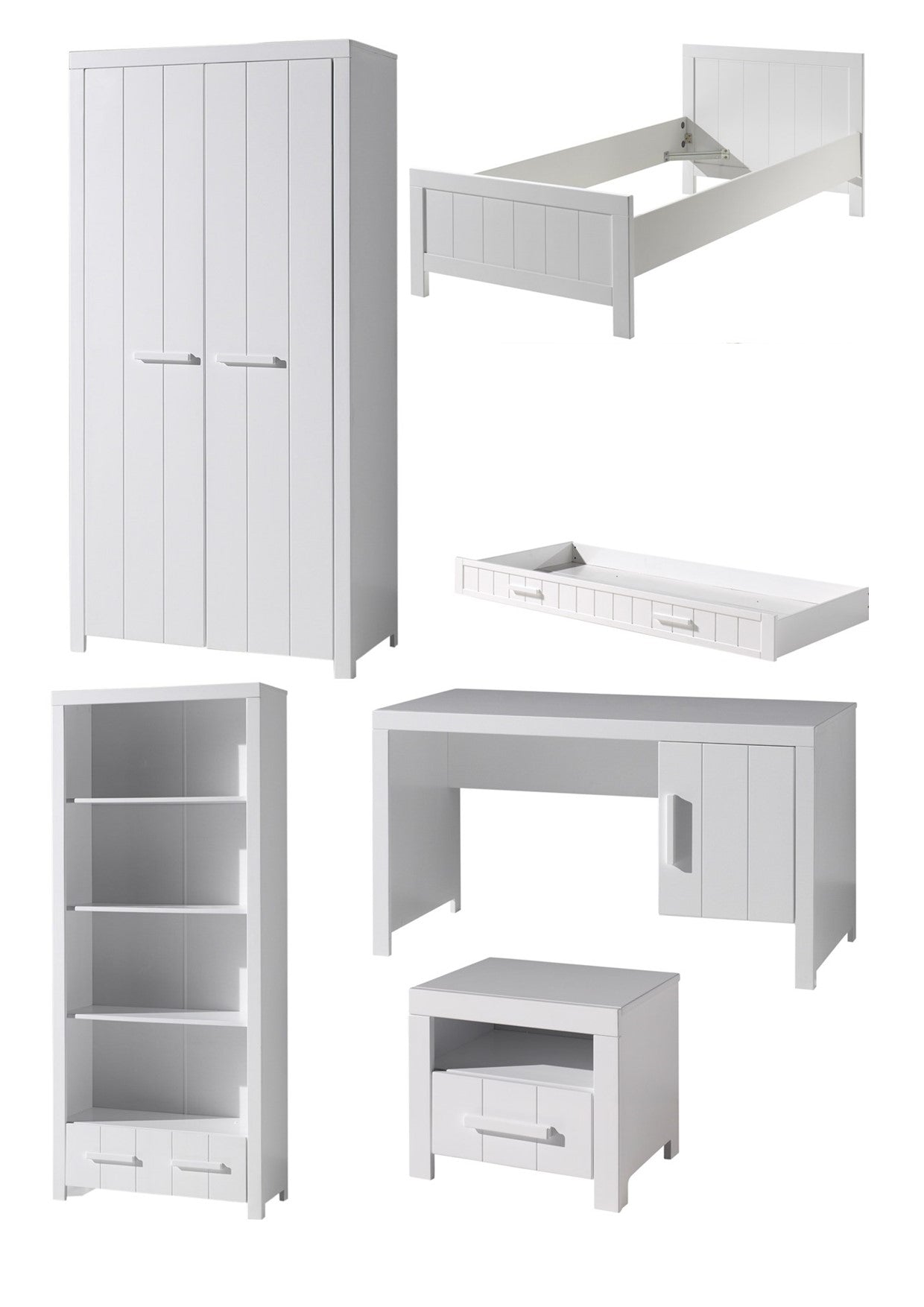 Vipack Erik Kids Single Bed With Trundle, Bedside Drawer, 2 Door Wardrobe, Desk & Bookcase- White