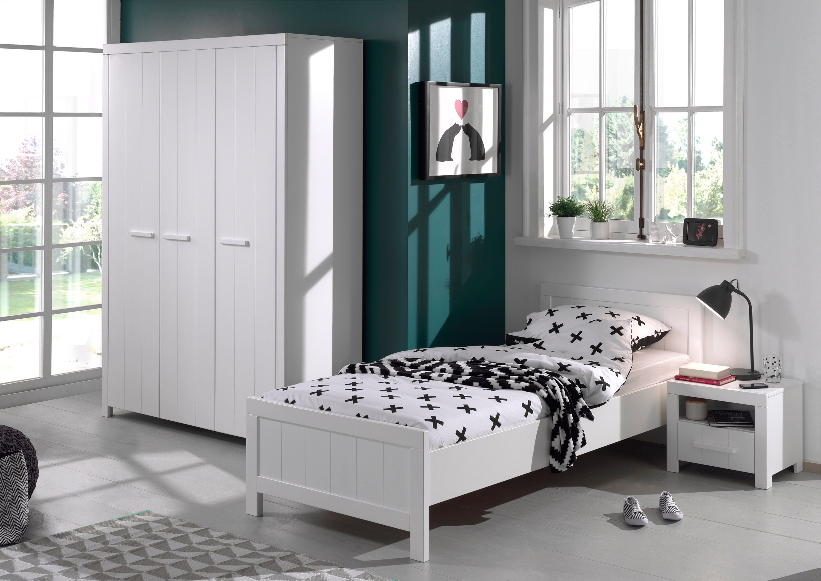 Vipack Erik Kids Single Bed With Slats, Bedside Drawer & 3 Door Wardrobe - White