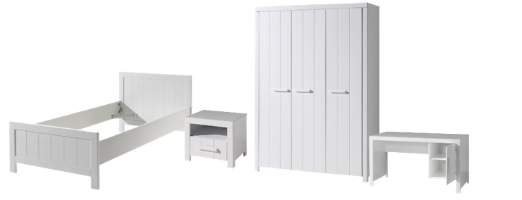 Vipack Erik Kids Single Bed With Bedside Drawer, 3 Door Wardrobe & Desk - White