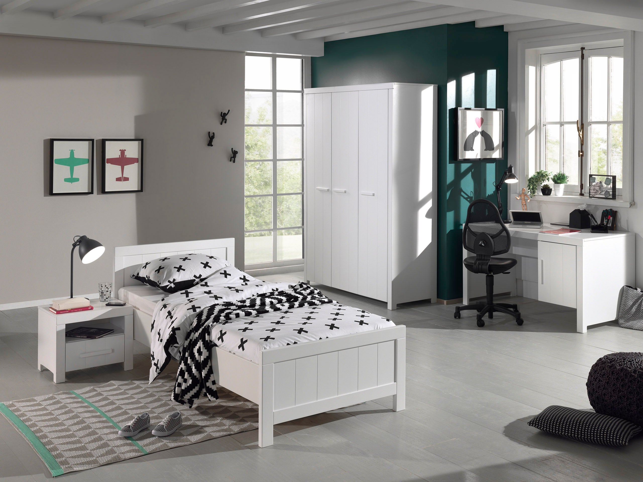 Vipack Erik Kids Single Bed With Bedside Drawer, 3 Door Wardrobe & Desk - White