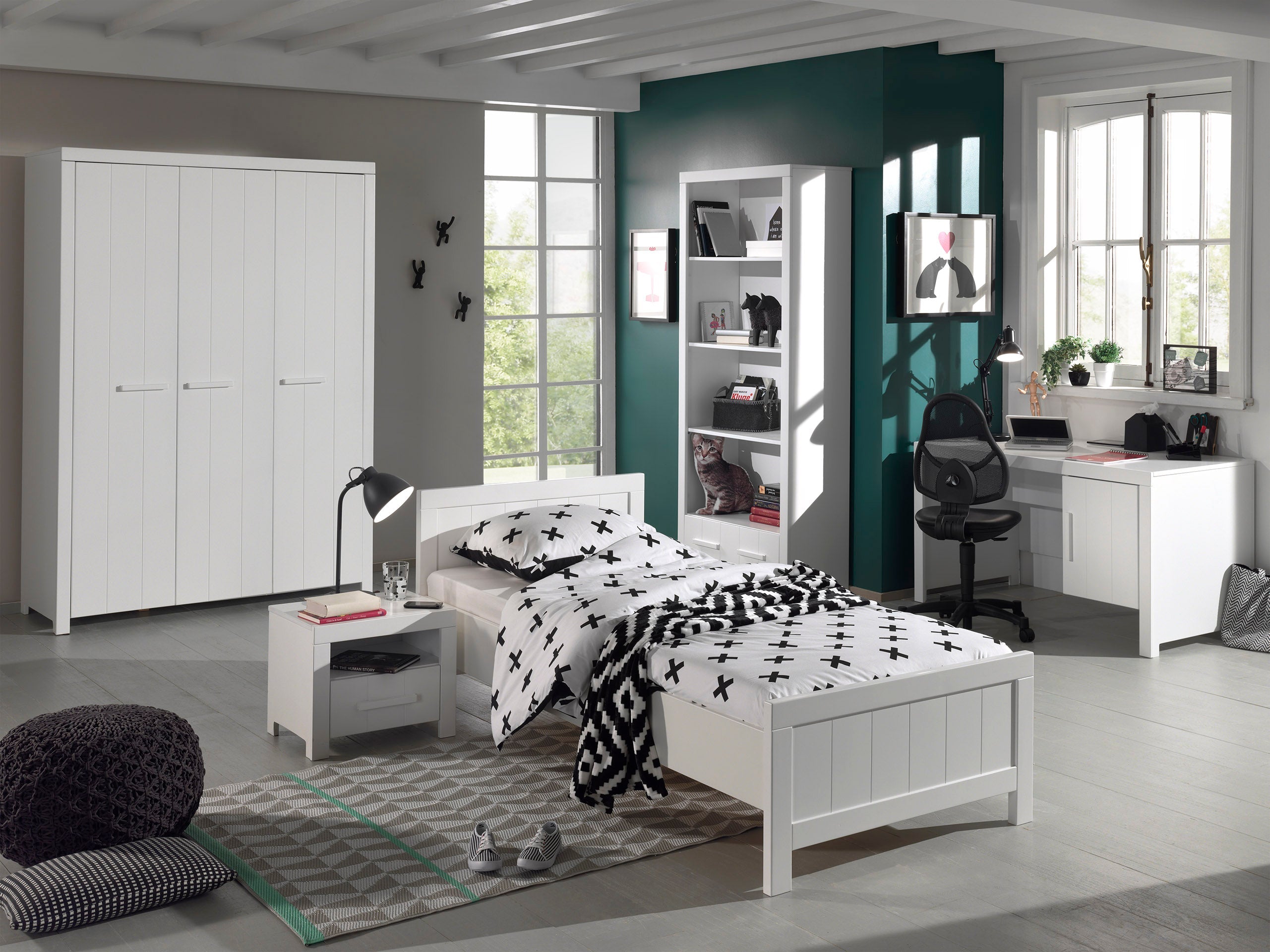 Vipack Erik Kids Single Bed With Slats, Bedside Drawer, 3 Door Wardrobe, Desk & Bookcase - White