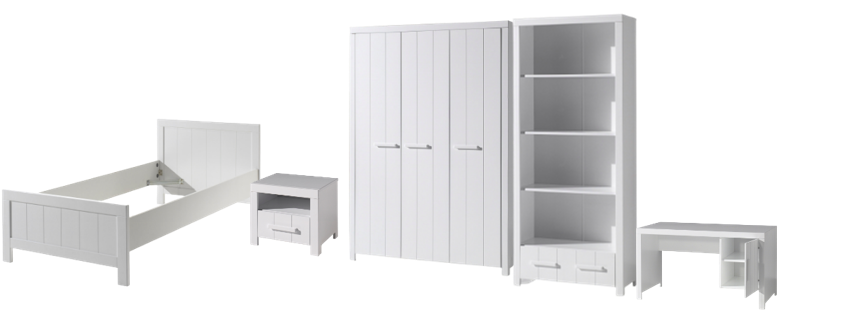 Vipack Erik Kids Single Bed With Bedside Drawer, 3 Door Wardrobe, Desk & Bookcase - White