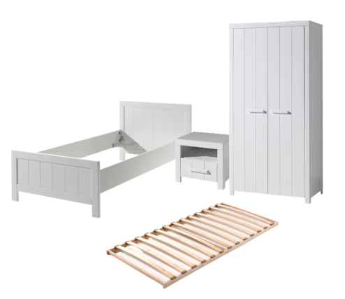 Vipack Erik Kids Single Bed With Slats, Bedside Drawer & 2 Door Wardrobe - White