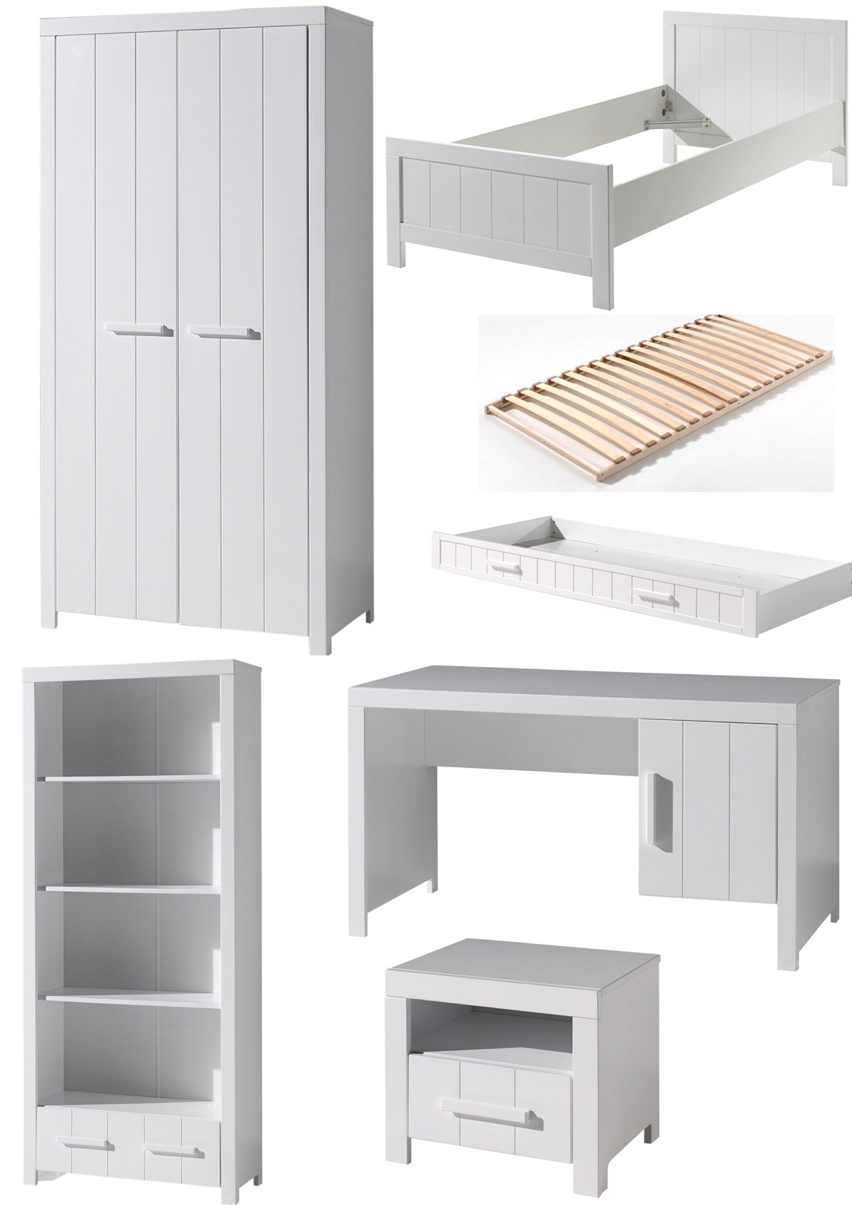 Vipack Erik Kids Single Bed With Slats, Trundle, Bedside Drawer, 2 Door Wardrobe, Desk & Bookcase- White