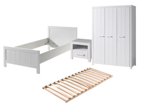 Vipack Erik Kids Single Bed With Slats, Bedside Drawer & 3 Door Wardrobe - White