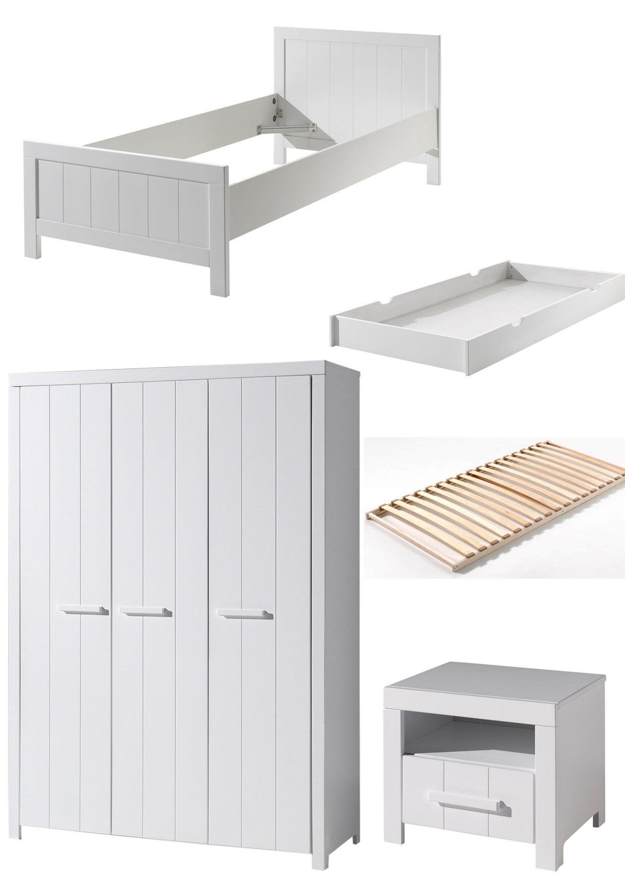 Vipack Erik Kids Single Bed With Slats, Trundle, Bedside Drawer & 3 Door Wardrobe - White