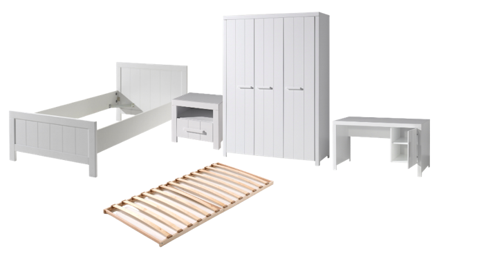 Vipack Erik Kids Single Bed With Slats, Bedside Drawer, 3 Door Wardrobe & Desk - White
