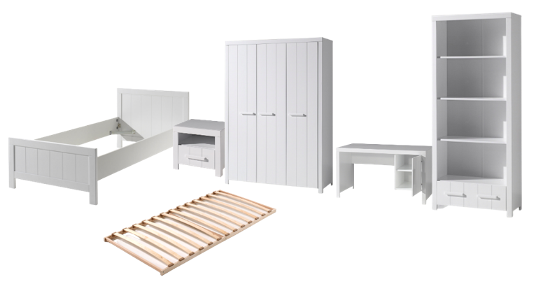 Vipack Erik Kids Single Bed With Slats, Bedside Drawer, 3 Door Wardrobe, Desk & Bookcase - White