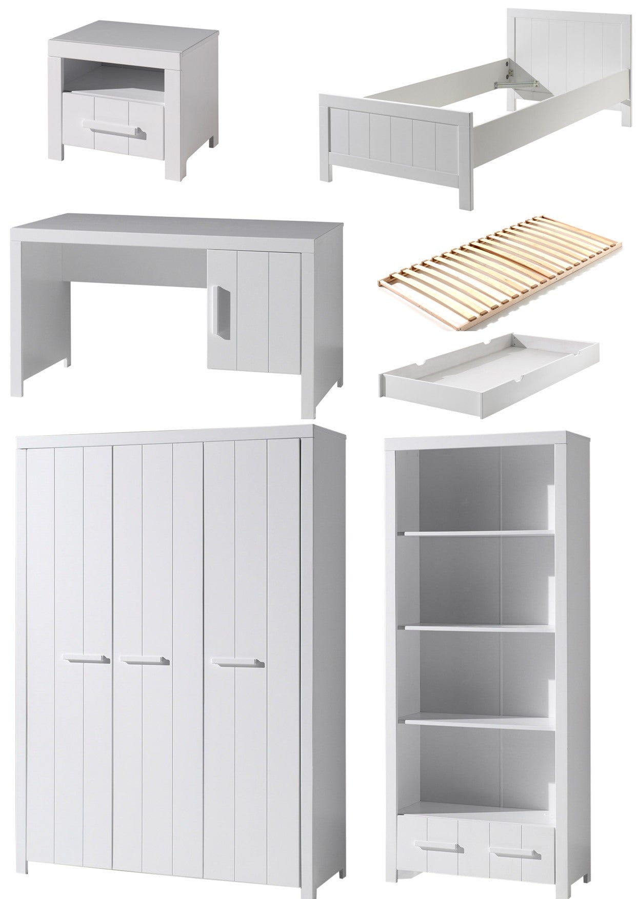 Vipack Erik Kids Single Bed With Slats, Trundle, Bedside Drawer, 3 Door Wardrobe, Desk & Bookcase - White