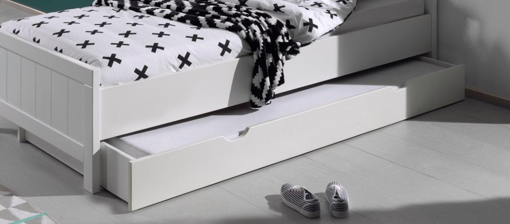 Vipack Erik Kids Single Bed With Slats, Trundle, Bedside Drawer, 2 Door Wardrobe, Desk & Bookcase- White