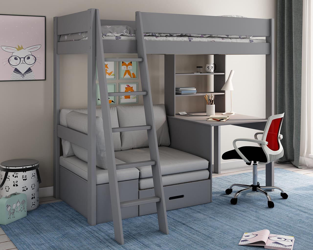 Estella Grey High Sleeper with Desk and Corner Sofa bed