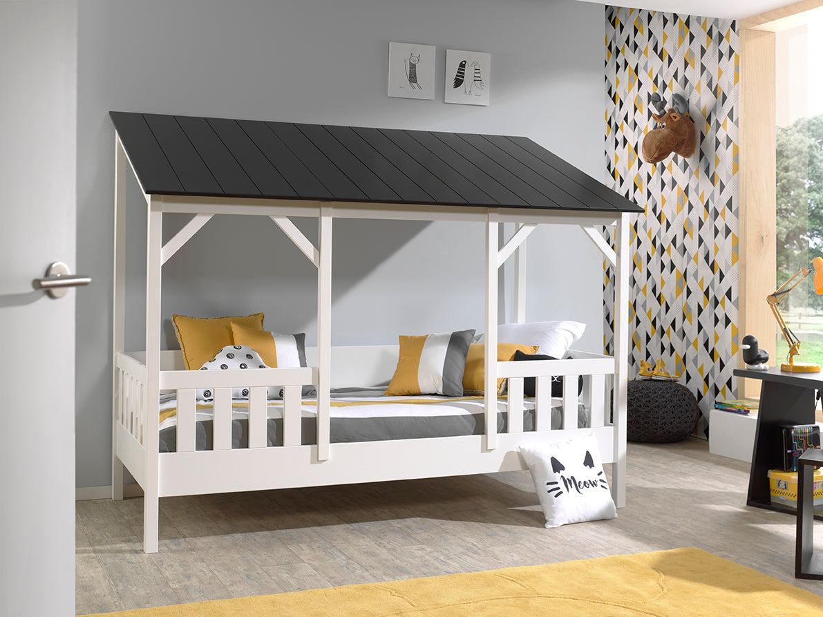 Vipack Kids House Bed with Slats & Black Roof - White Frame