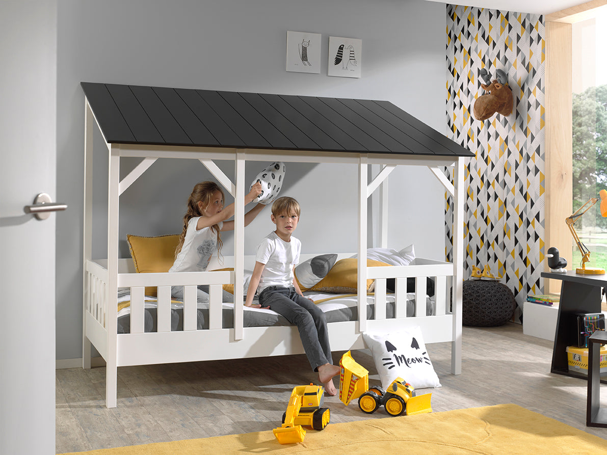 Vipack Kids House Bed with Slats & Black Roof - White Frame