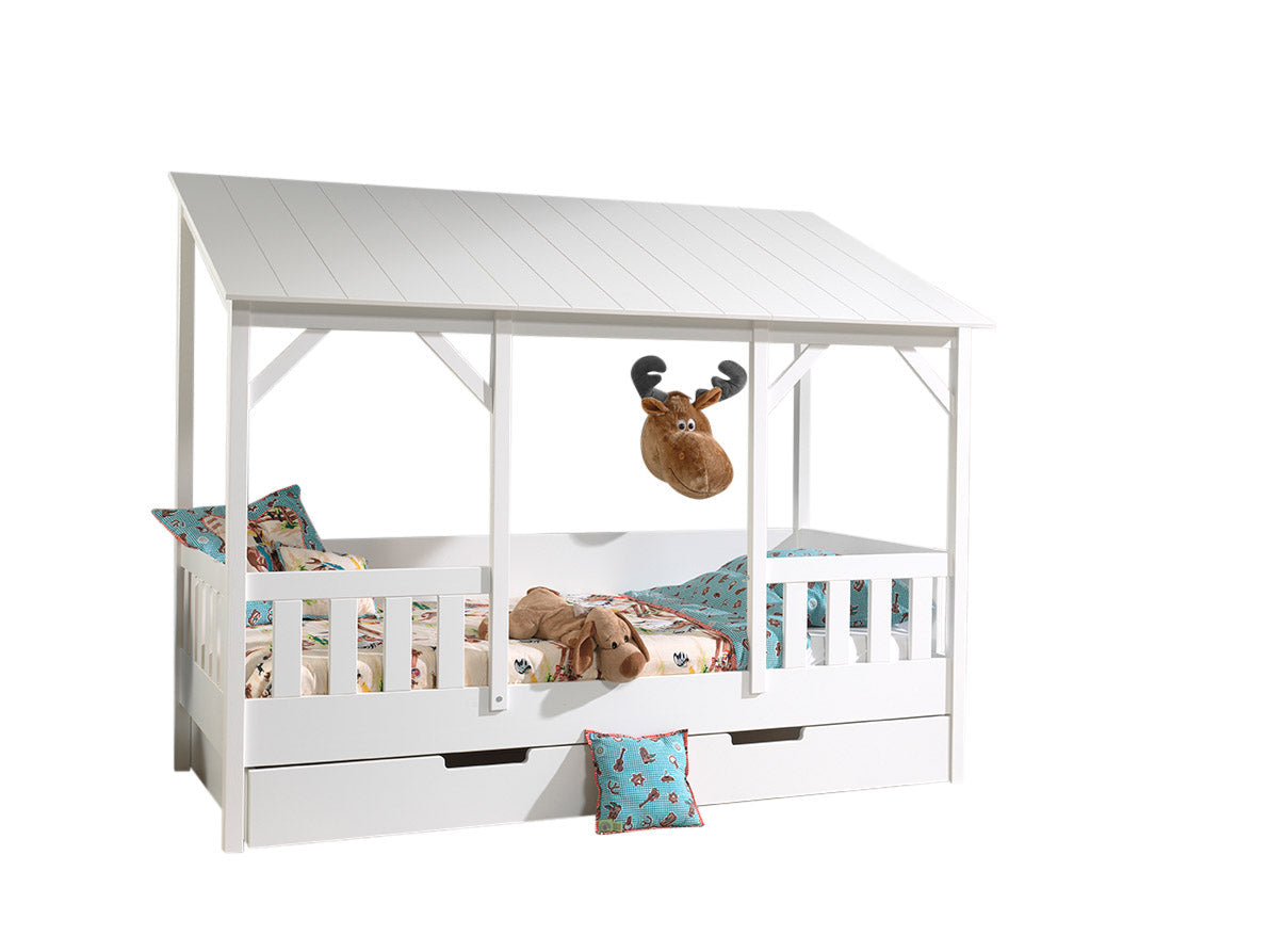 Vipack Kids House Bed with White Roof & Trundle - White Frame