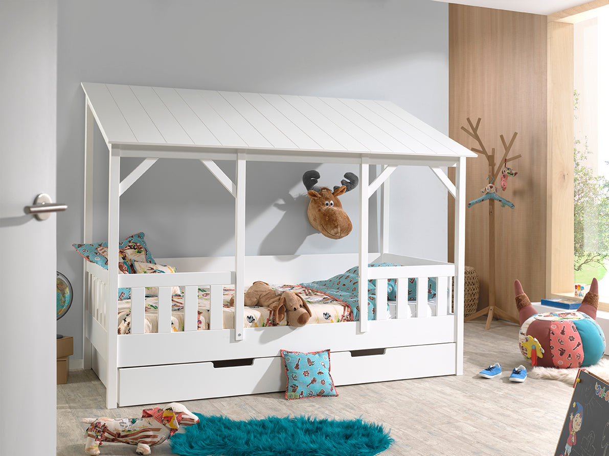 Vipack Kids House Bed with White Roof & Trundle - White Frame
