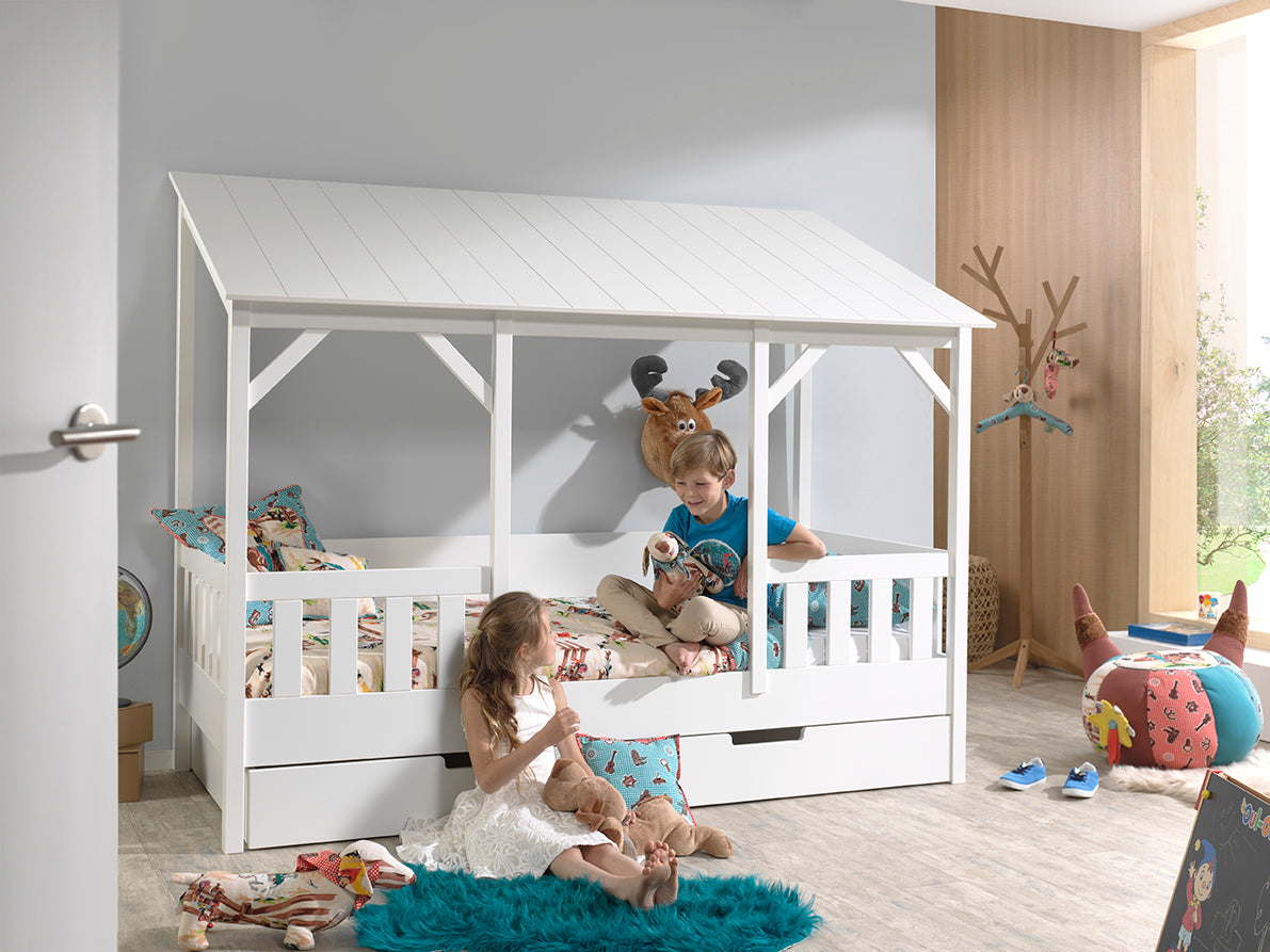 Vipack Kids House Bed with White Roof & Trundle - White Frame