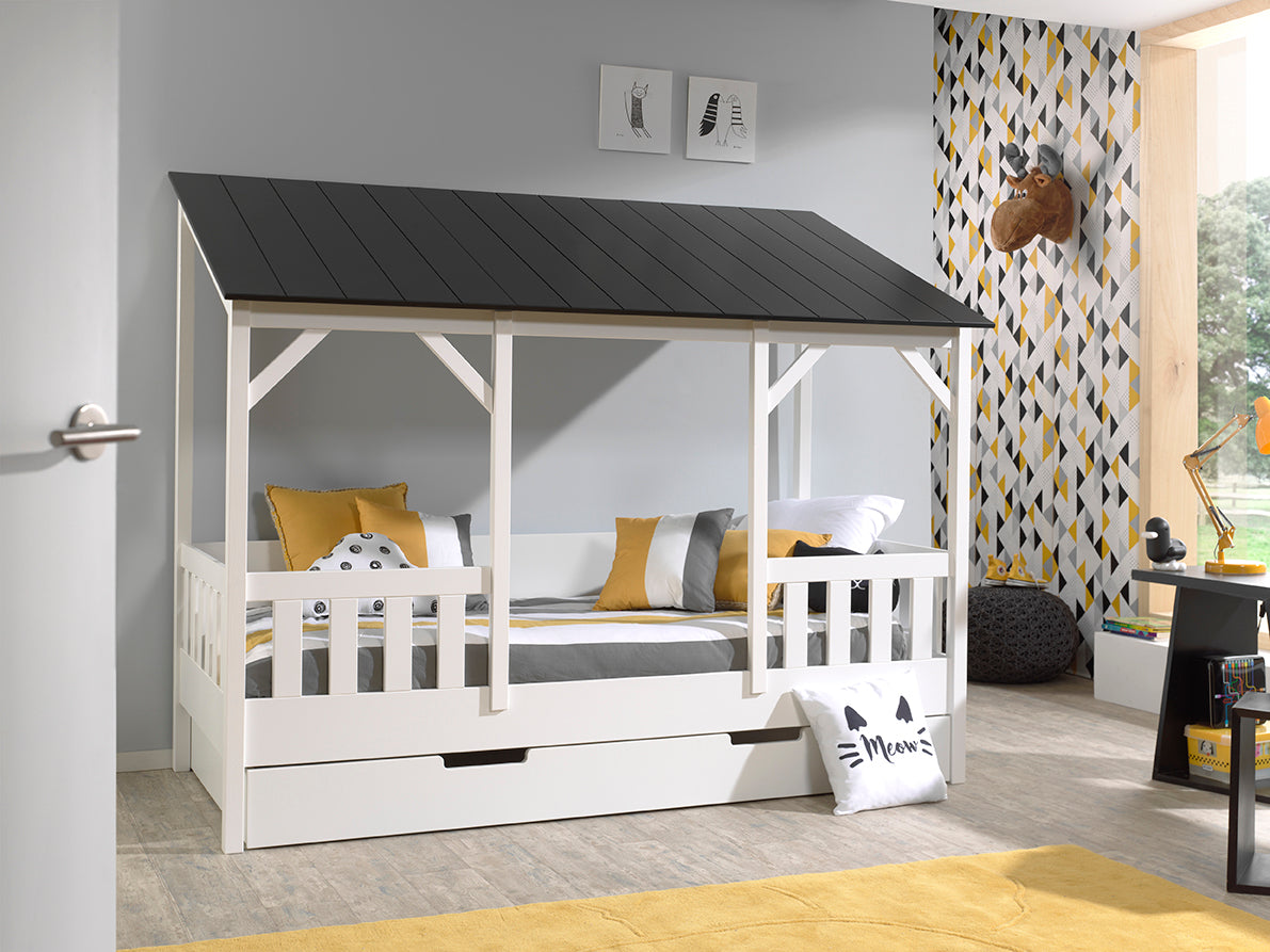 Vipack Kids House Bed with Black Roof & Trundle - White Frame