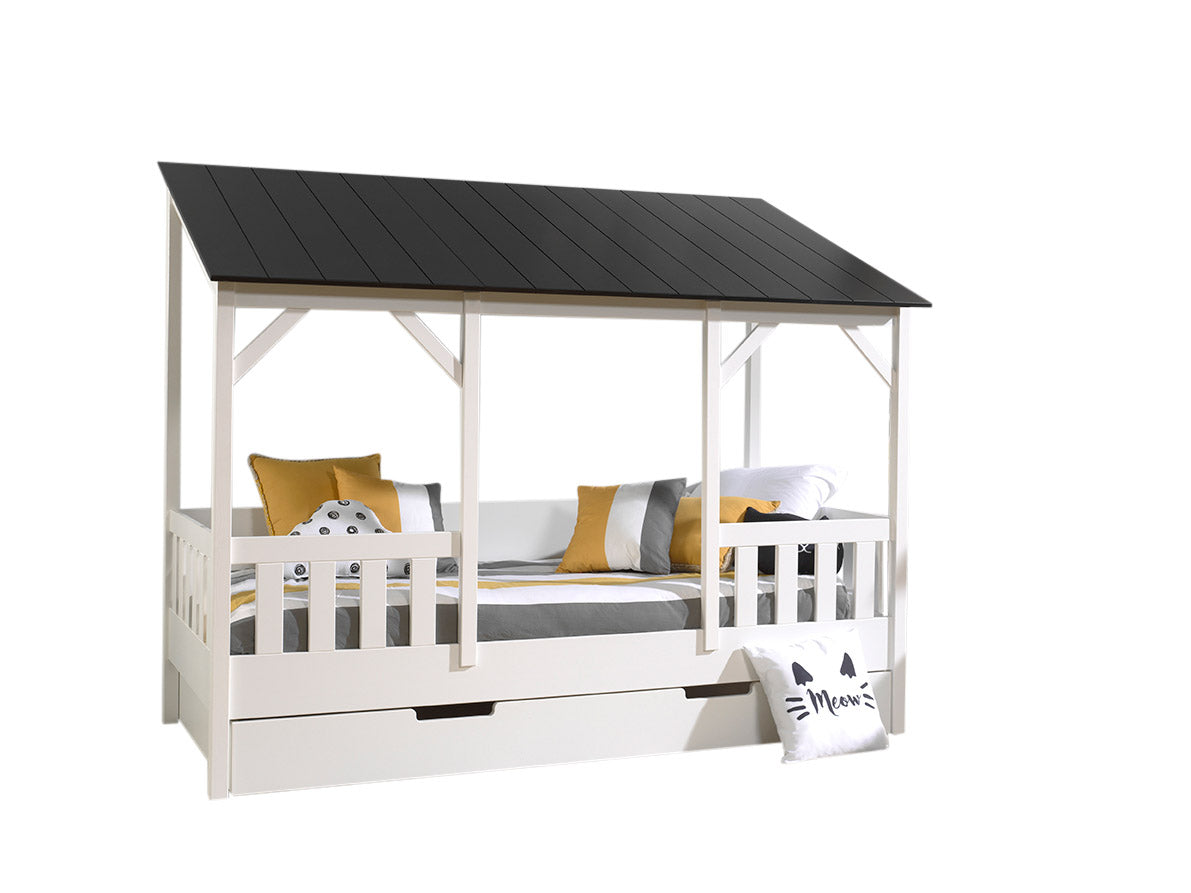 Vipack Kids House Bed with Black Roof & Trundle - White Frame