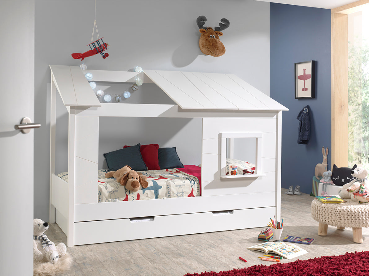Vipack Cabin House Bed with Roof & Window & Trundle - White