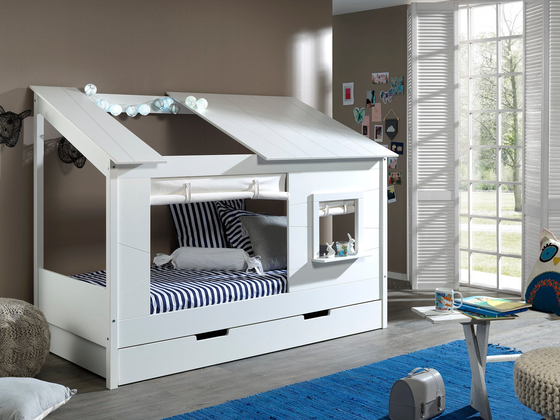 Vipack Cabin House Bed with Roof, Window, Blinds & Trundle - White