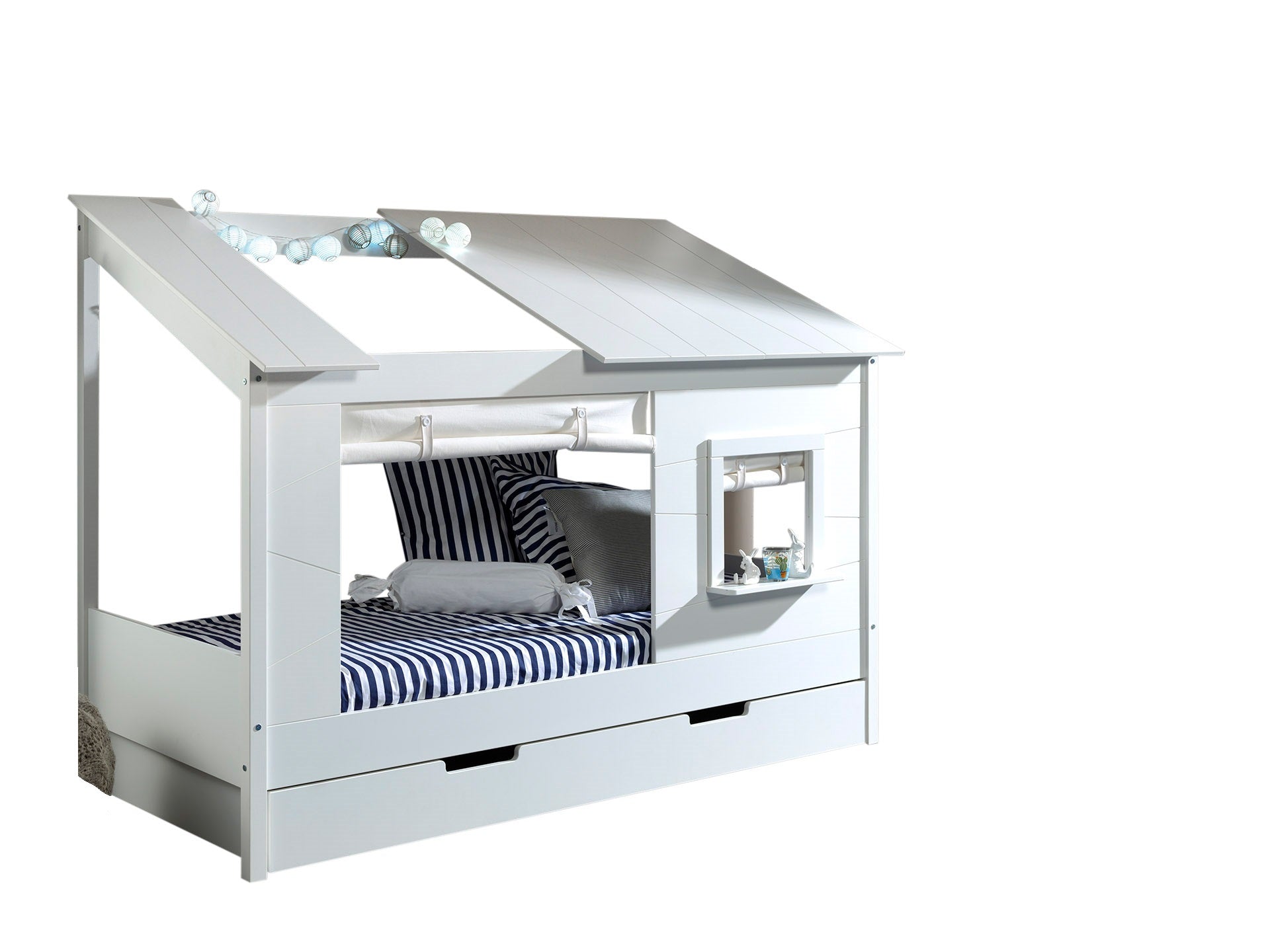 Vipack Cabin House Bed with Roof, Window, Blinds & Trundle - White