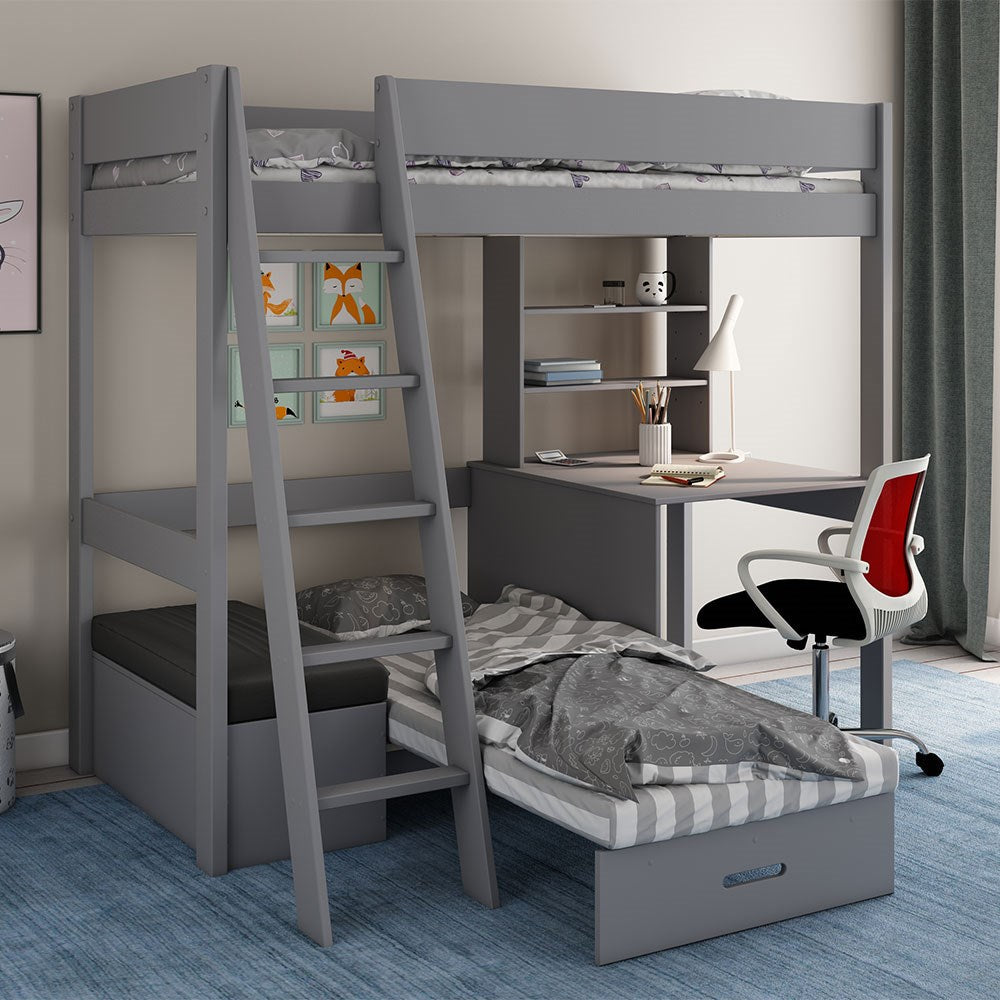 Estella High Sleeper Bed with Desk and Sofa Bed in Grey