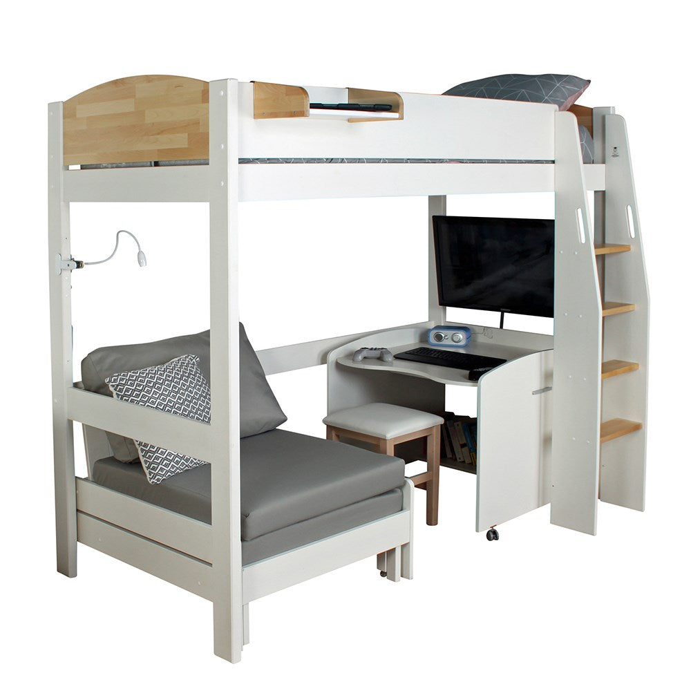 Urban Birch High Sleeper 1 Bed with Sofa Bed & Desk On Casters