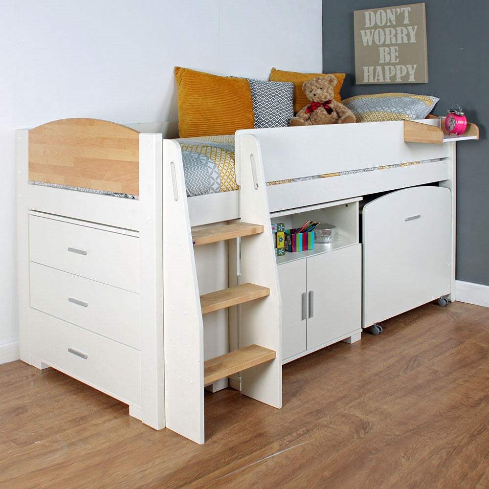 Urban Birch Mid Sleeper 1 Bed with Desk, Storage and Chest of Drawers